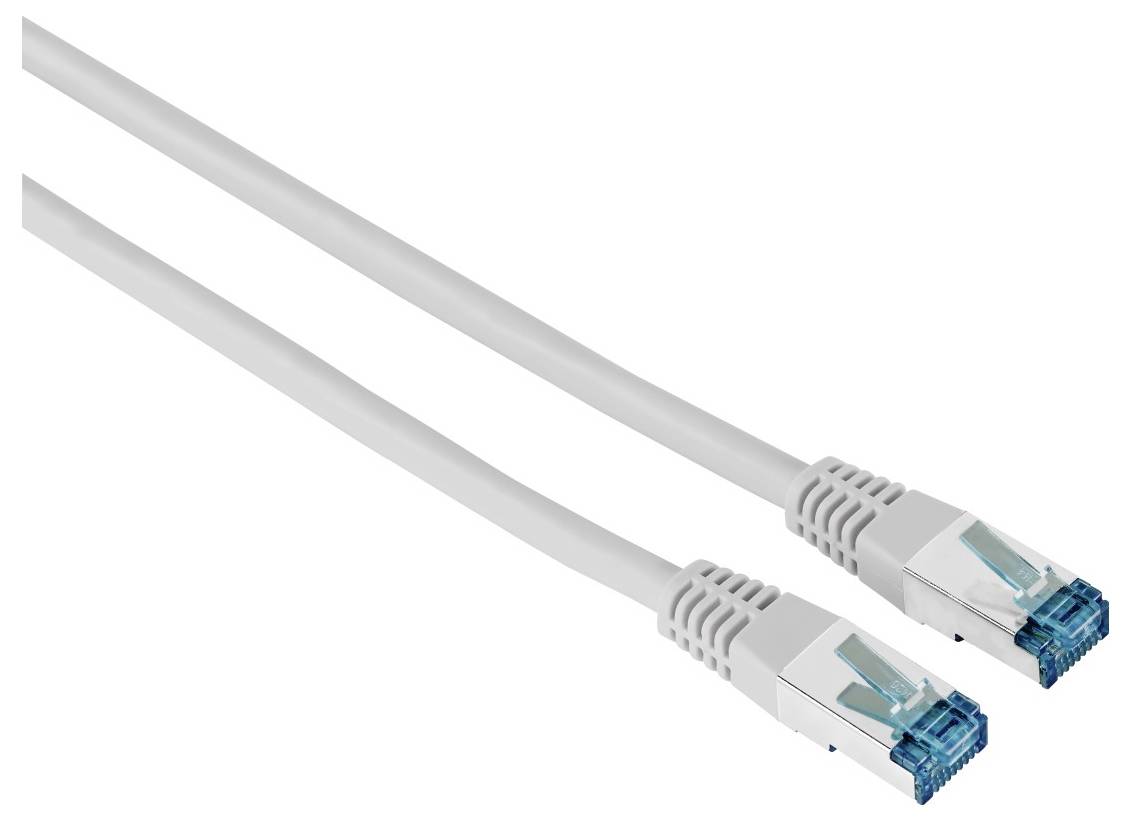 Dva bijela Ethernet mrežna kabela s plavim RJ45 konektorima na običnoj pozadini.