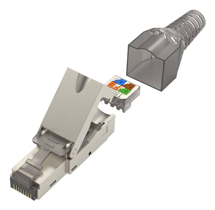 Rastavljen prikaz Ethernet RJ45 priključka i njegovog metalnog kućišta konektora, pokazujući čizmu kabela, bravicu i oznake položaja žica.