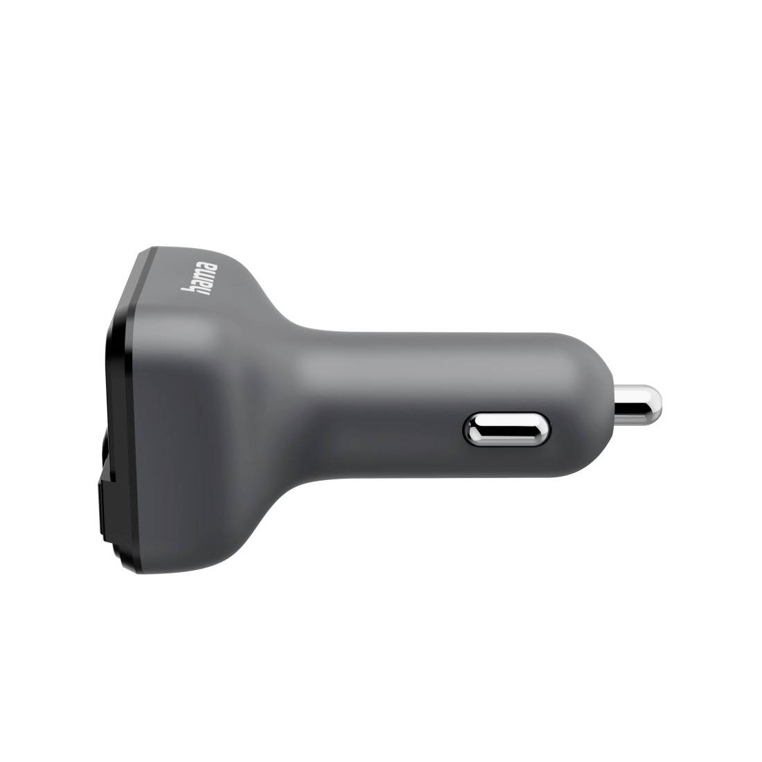 Sivi adapter za punjenje automobila s USB-A priključkom i utikačem za automovilsku priključnicu.