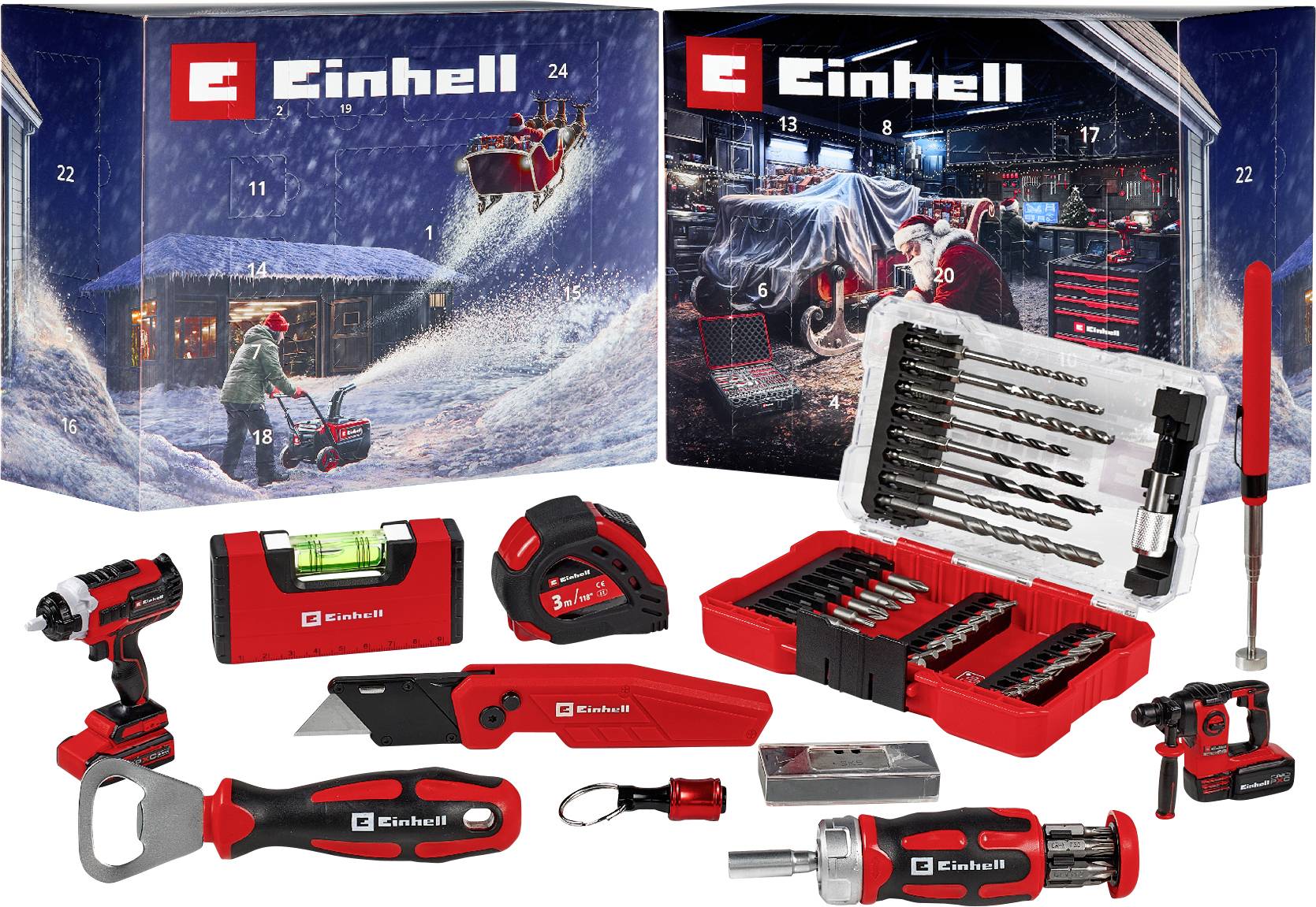 Einhell komplet alata s prikazom bušilice, pile, odvijača, nastavaka, mjernih alata i crvenih kutija za skladištenje na bijeloj pozadini.