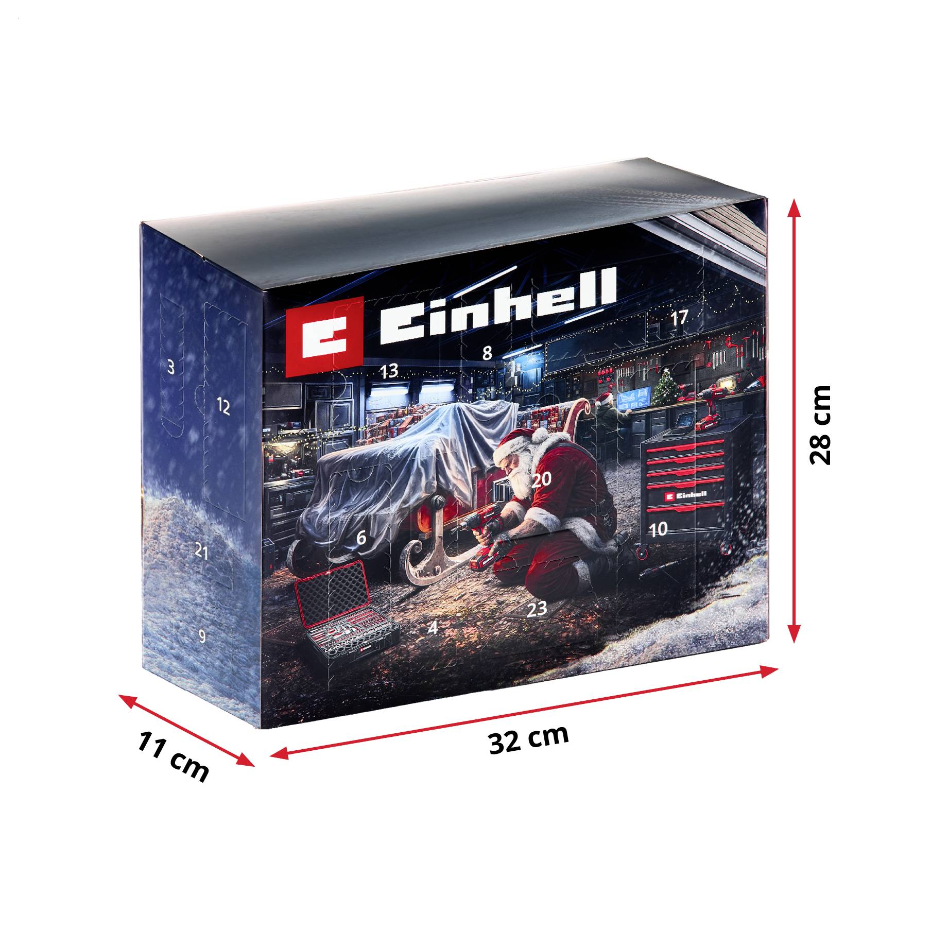 Kutija proizvoda Einhell prikazana u 3D prikazu s označenim dimenzijama od 32 cm širine, 28 cm visine i 11 cm dubine.
