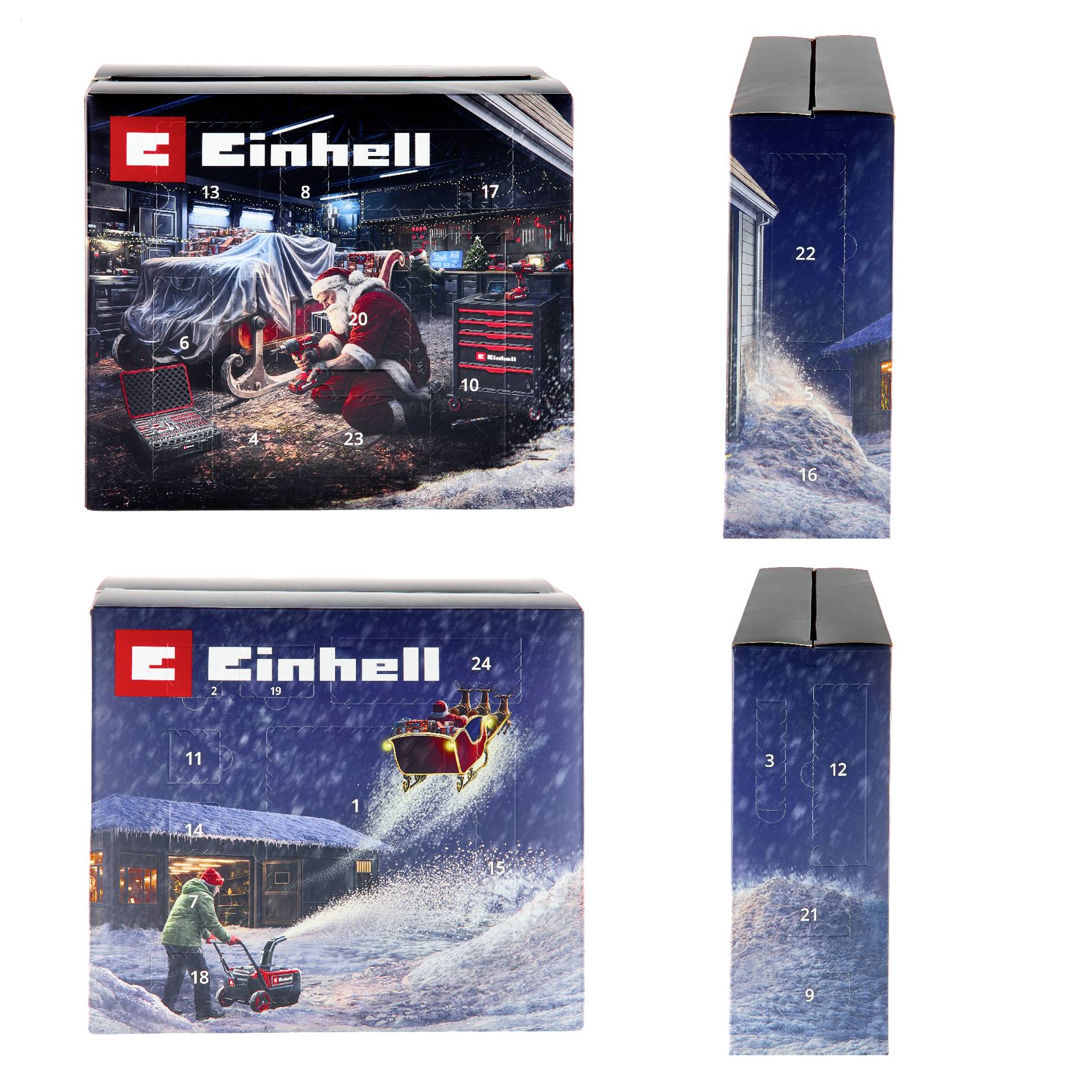 Pakovanje proizvoda Einhell prikazano iz prednje i bočne perspektive, sa snježnim scenama vanjskih alata i logotipom Einhella.