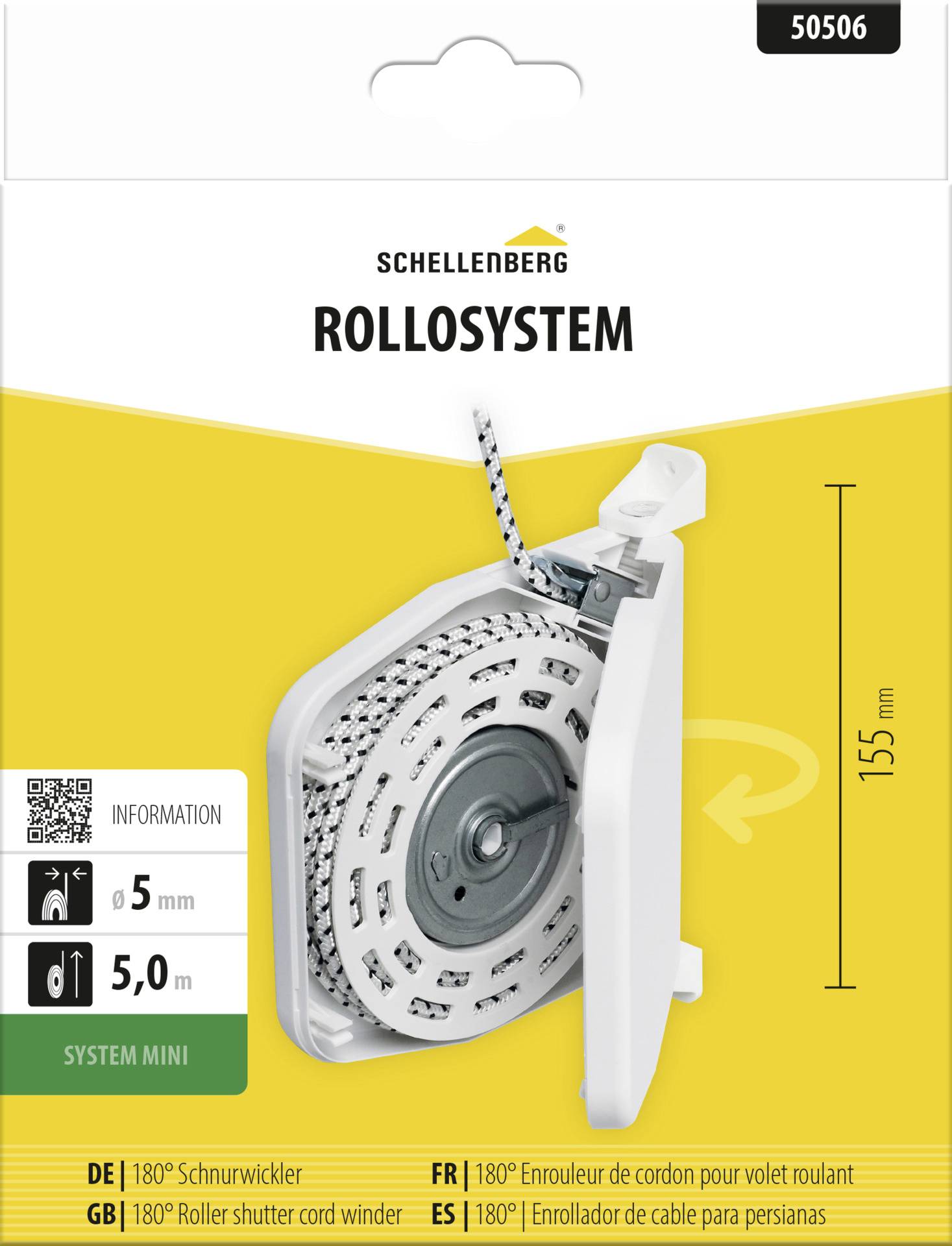 Schellenberg ROLLOSYSTEM mini valjčni sustav za svitkanje remena roletne pakiranja, prikazujući proizvod, visinu od 155 mm, te višejezične oznake/ikone informacija.