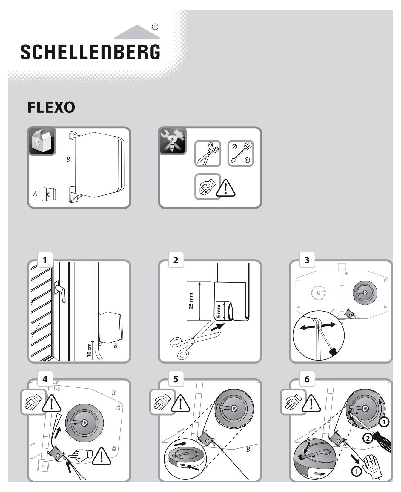 Schellenberg FLEXO instalacijski vodič sa ikonama sigurnosti i šest numerirani dijagrami korak po korak koji pokazuju kako montirati i podesiti uređaj.