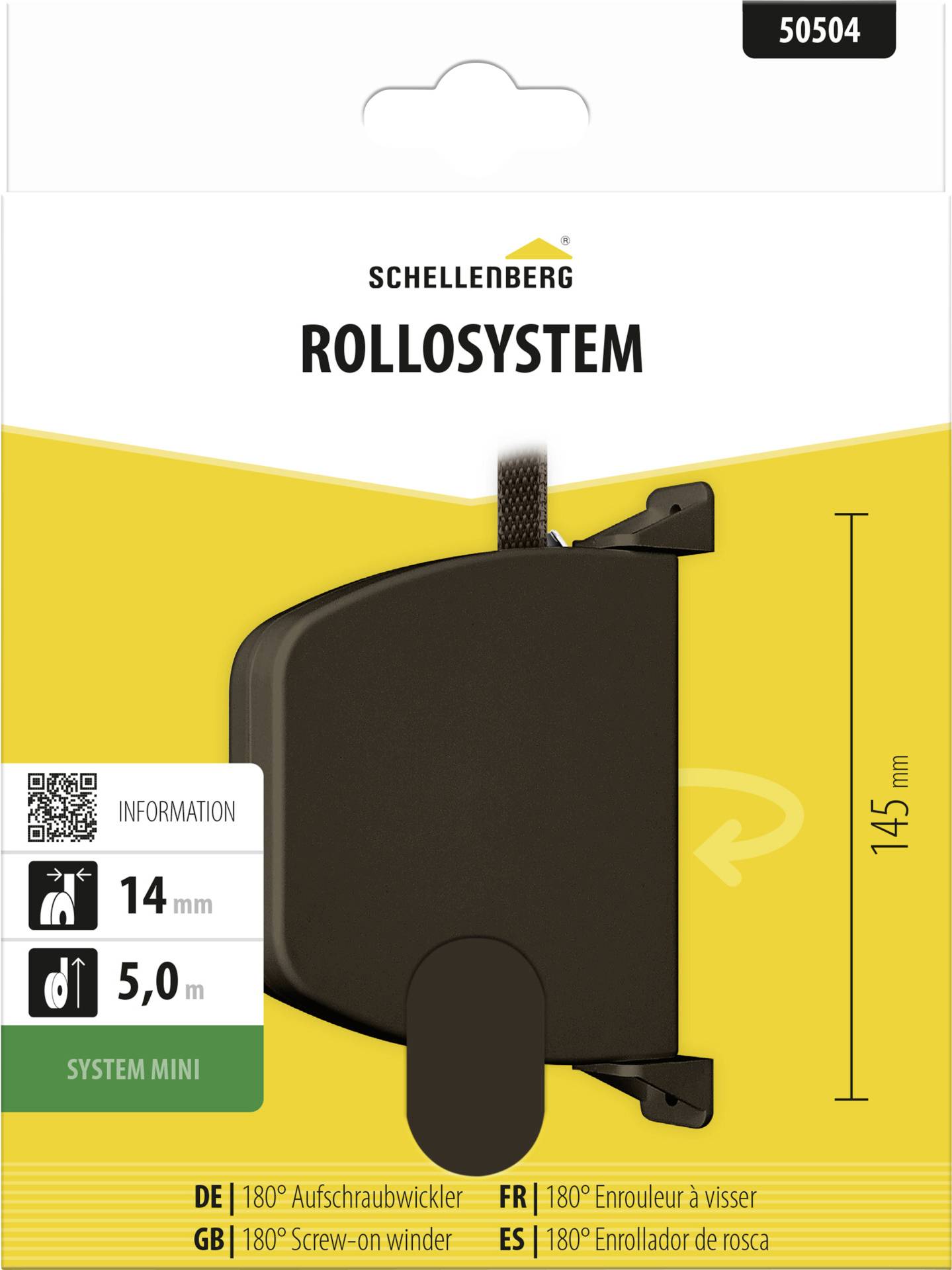 Pakiranje za Schellenbergov sustav 'ROLLSYSTEM' za namotavanje mini roletni, model 50504, s crnim sklopivim namatačem od 180° za osovinu od 14 mm i remenom od 5,0 m.