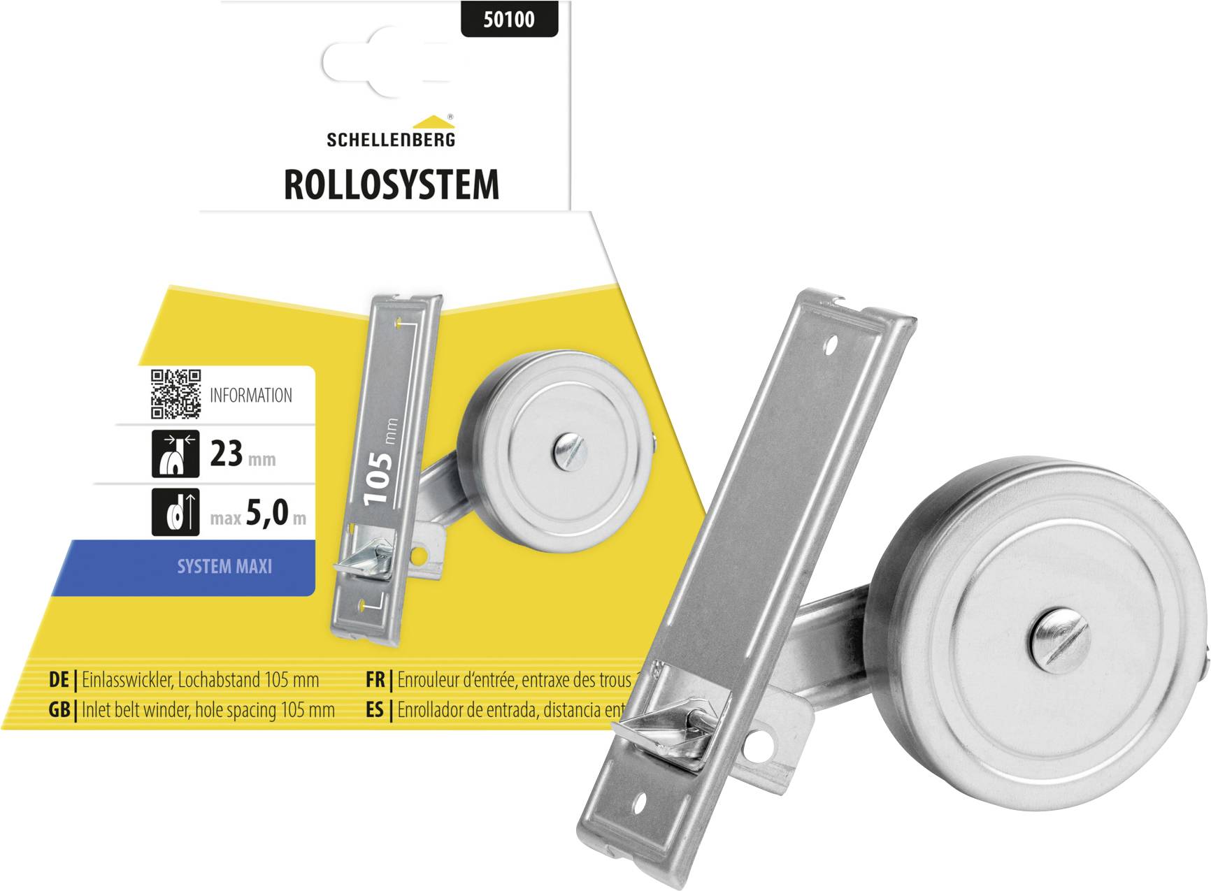Pakiranje proizvoda Schellenberg 'ROLLSYSTEM' namotač traka roletnog sistema, označen 23 m i maks. 5.0 m, sa prikazanim hardverom sistema maxi.