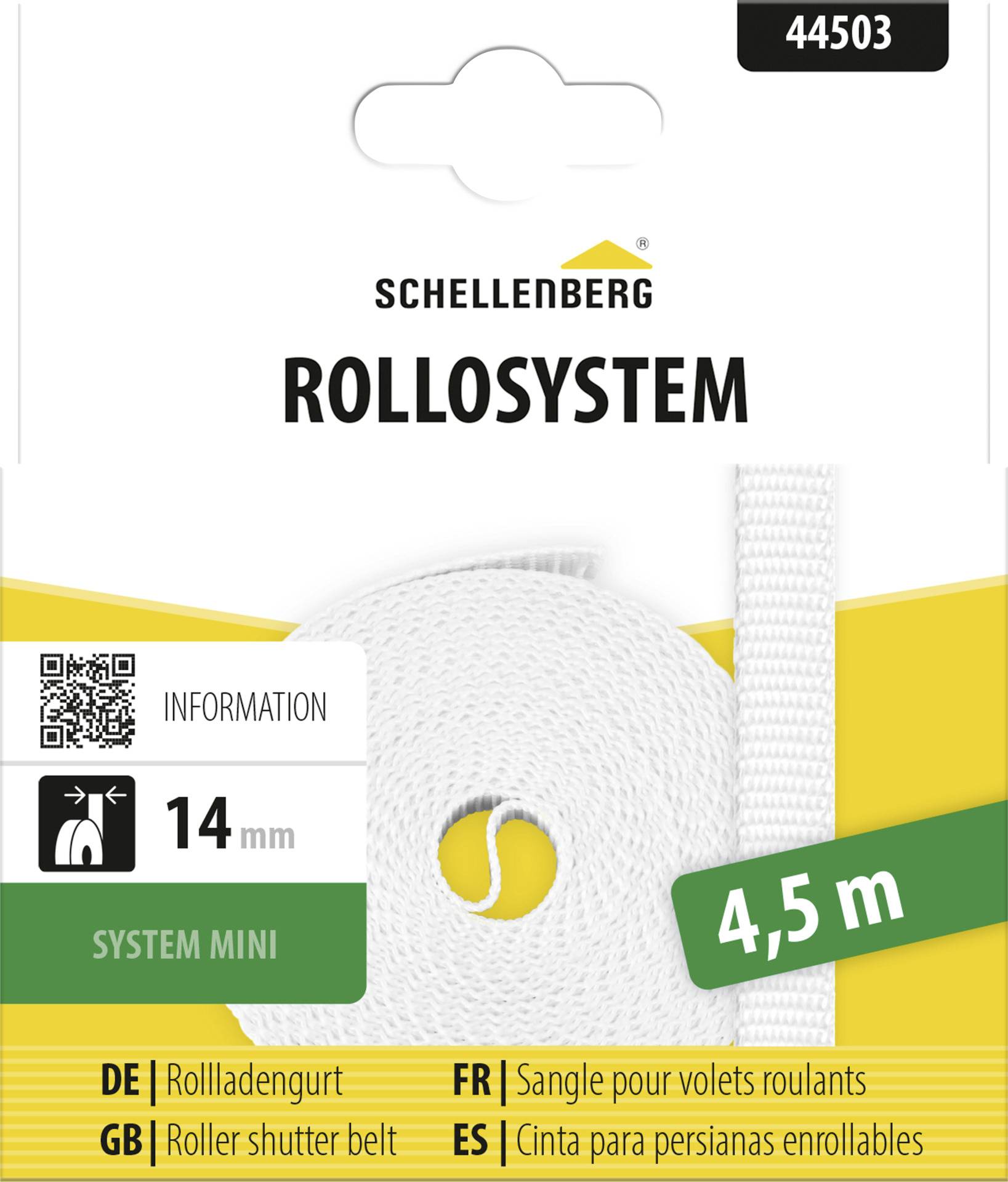 Paket za Schellenberg ROLLosystem mini roller sustav trake za rolete, širine 14 mm, dužine 4,5 m, s multilingvističkim naljepnicama proizvoda i QR kodom.