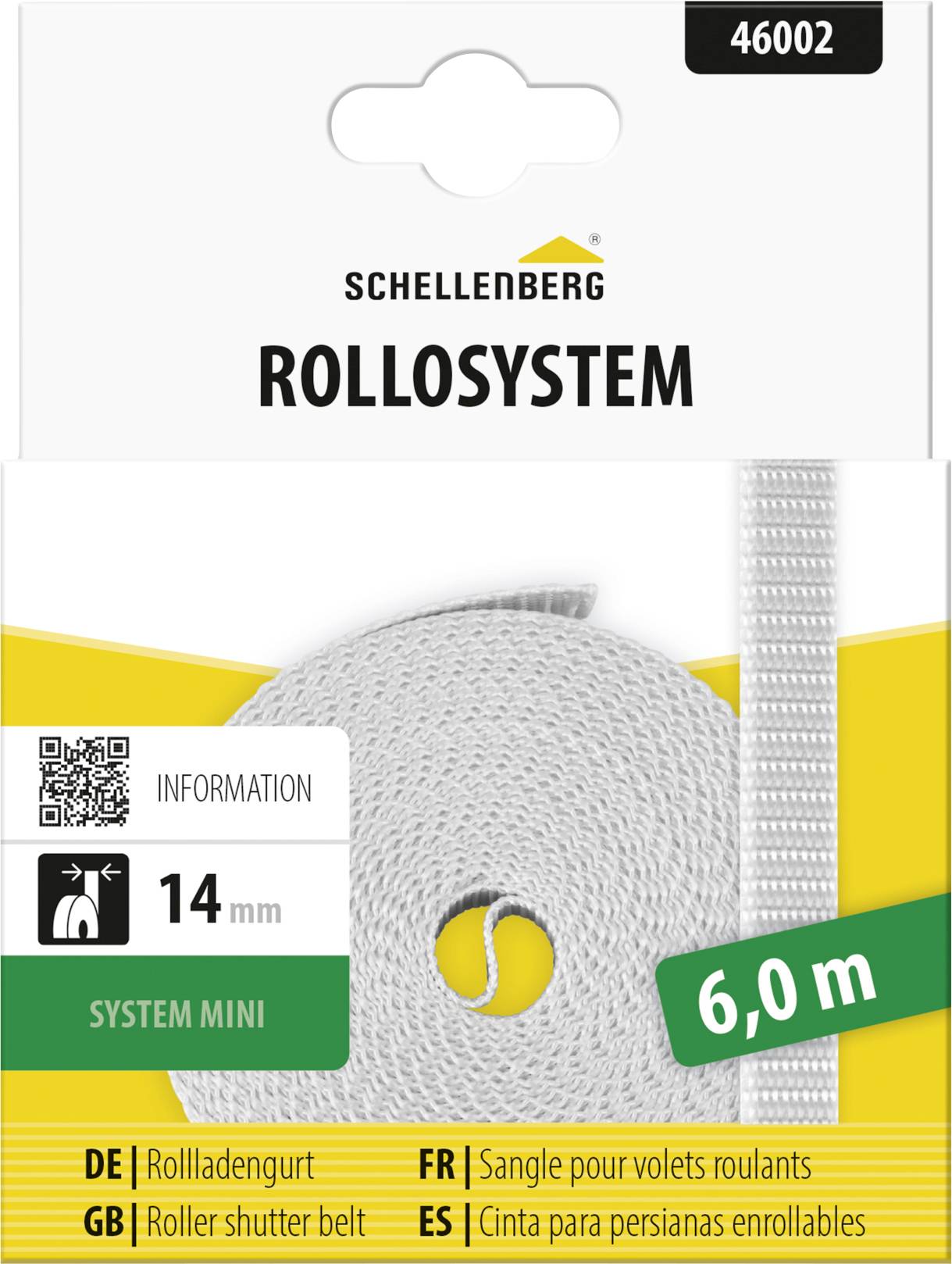 Pakovanje za Schellenberg Rollsystem remenu za roletne, model 46002, dužine 6,0 m i širine 14 mm, označeno kao 'System Mini'.