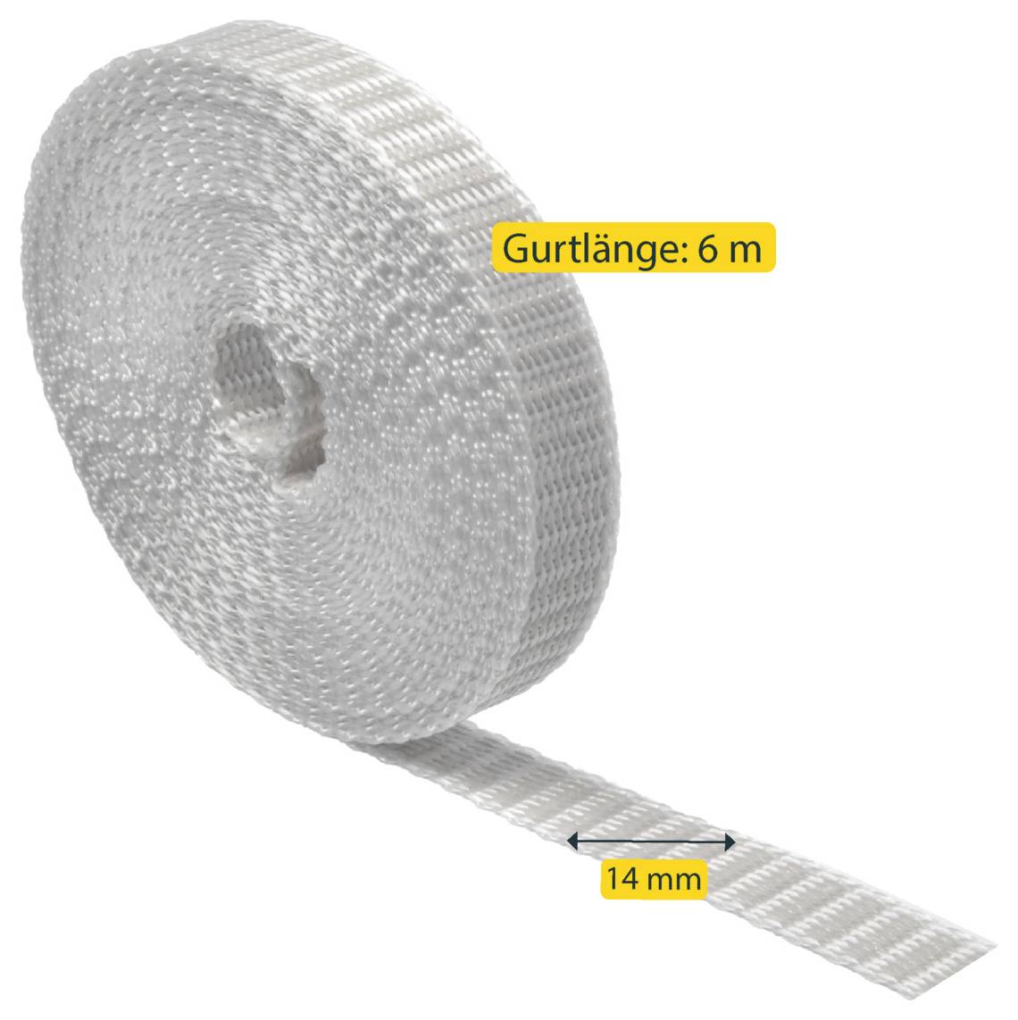 Rola bijele tkane trake za vezivanje označena 'Gurtlänge: 6 m' s označenom širinom od 14 mm.