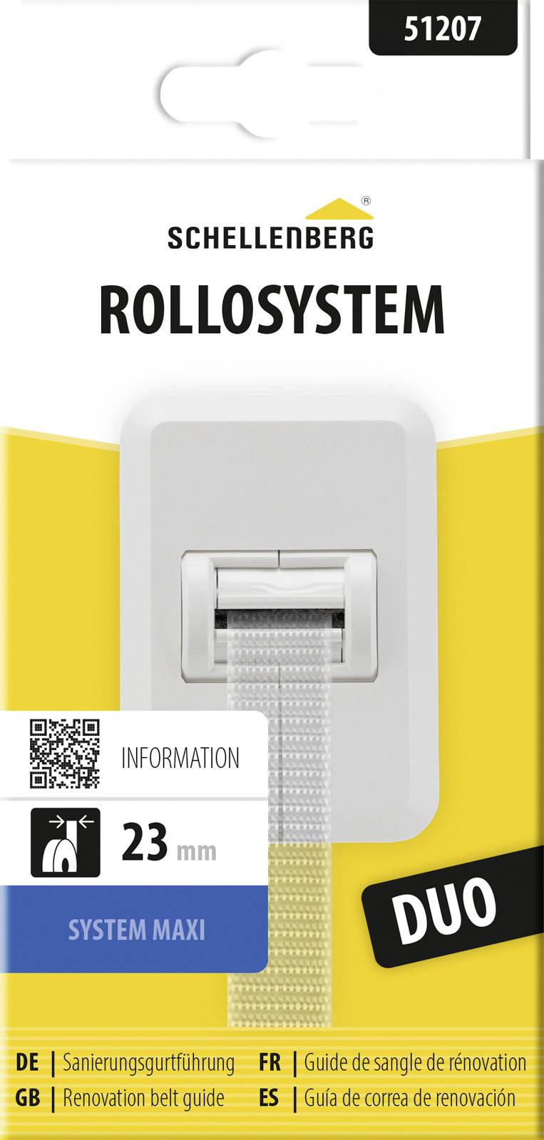 Pakiranje proizvoda za Schellenberg Rollosystem Duo, prikazujući vođicu remena za roletne s širinom od 23 mm, Sustav Maxi, i QR kod za informacije.