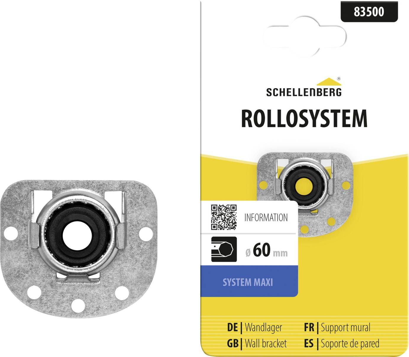 Produktna slika Schellenbergova держача sustava rollo za zid, koji prikazuje metalnu dijelove za montažu i pakiranja označenu s 'ROLLSYSTEM' i 'SYSTEM MAXI' za žaluze od 60 mm.