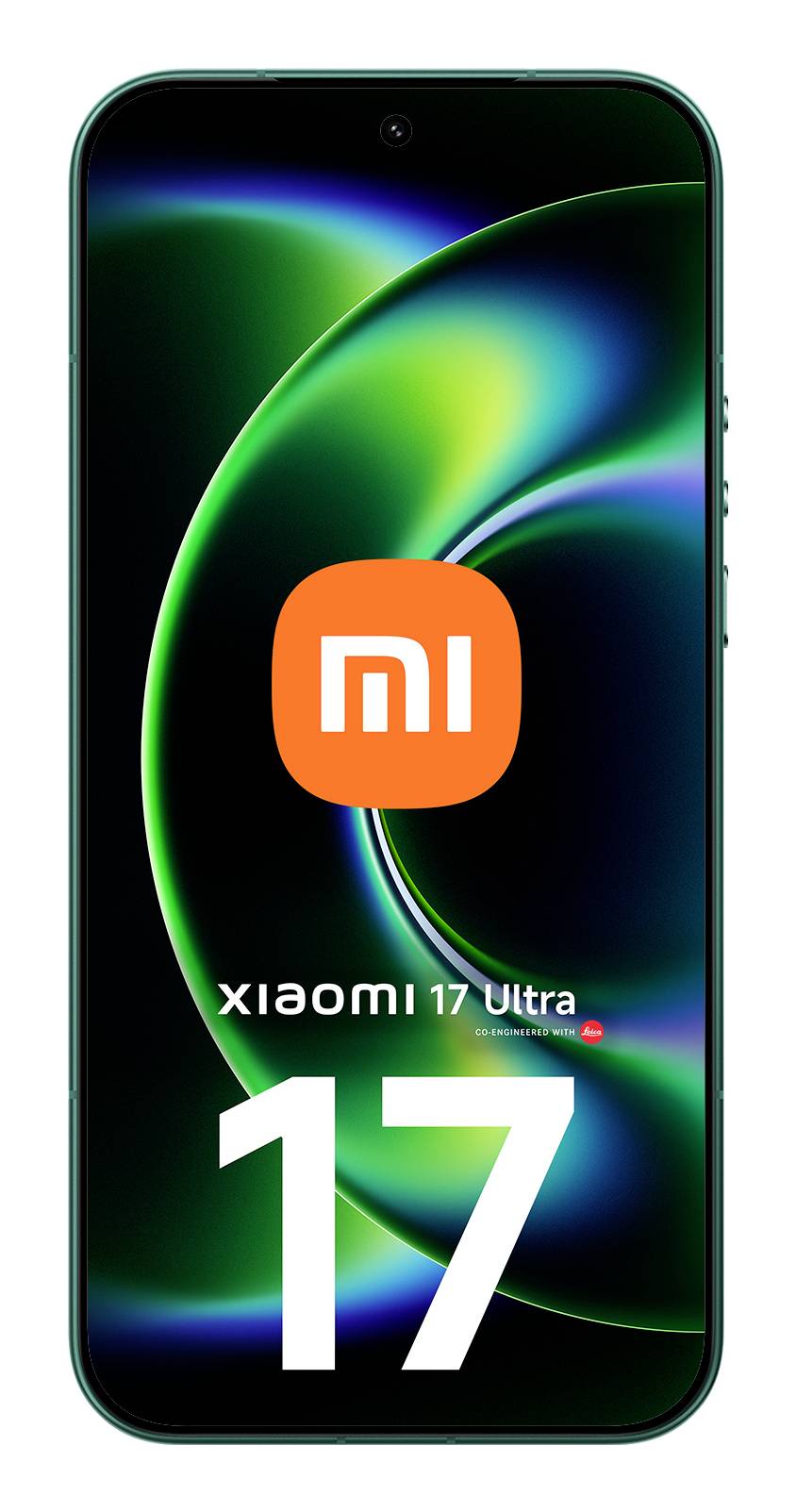 Xiaomi 17 Ultra pametni telefon prikazan frontalno s zeleno-plavom apstraktnom pozadinom i velikim branding '17' na ekranu.