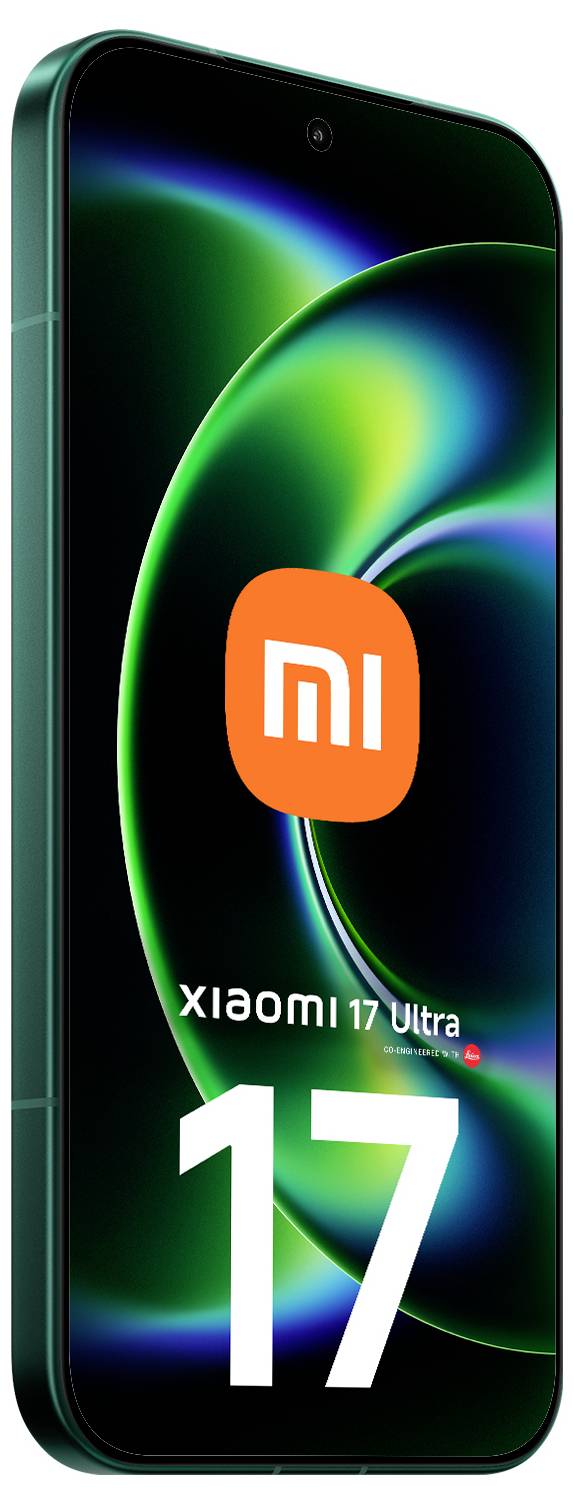 Xiaomi 17 Ultra pametni telefon prikazan frontalno s crnim zaslonom, zeleno-plavom apstraktnom pozadinom, Xiaomi logotipom i velikim tekstom '17'.