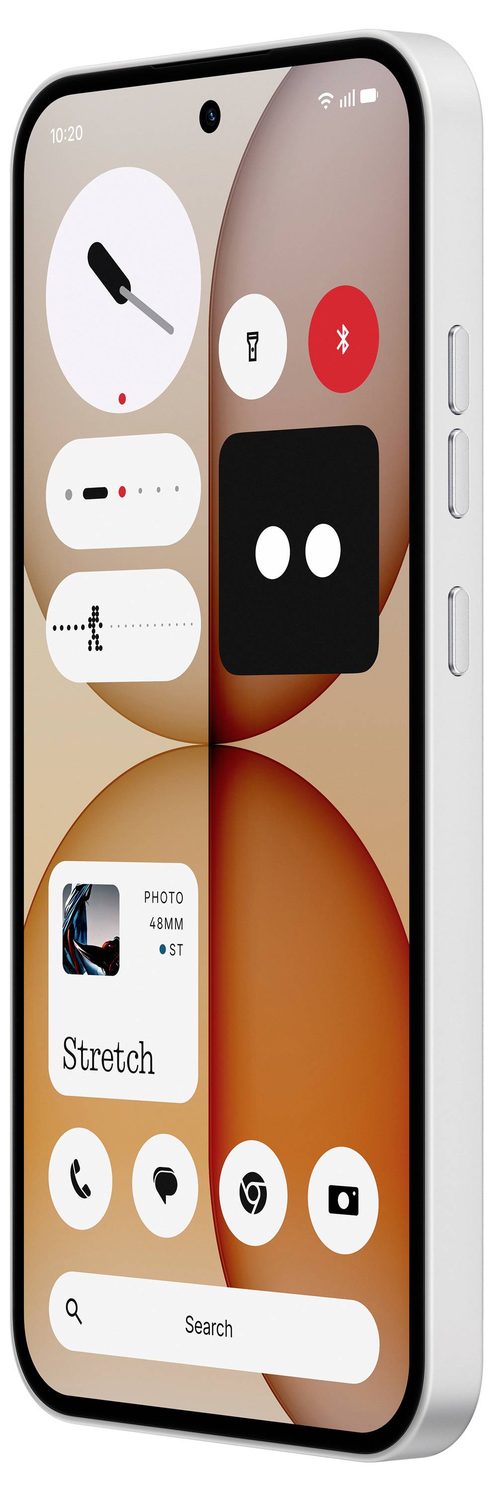 Početni zaslon pametnog telefona prikazuje kontrolne widgete u stilu pristupačnosti, uključujući baterijsku lampu, Bluetooth, klizače i foto widget "Istezanje".