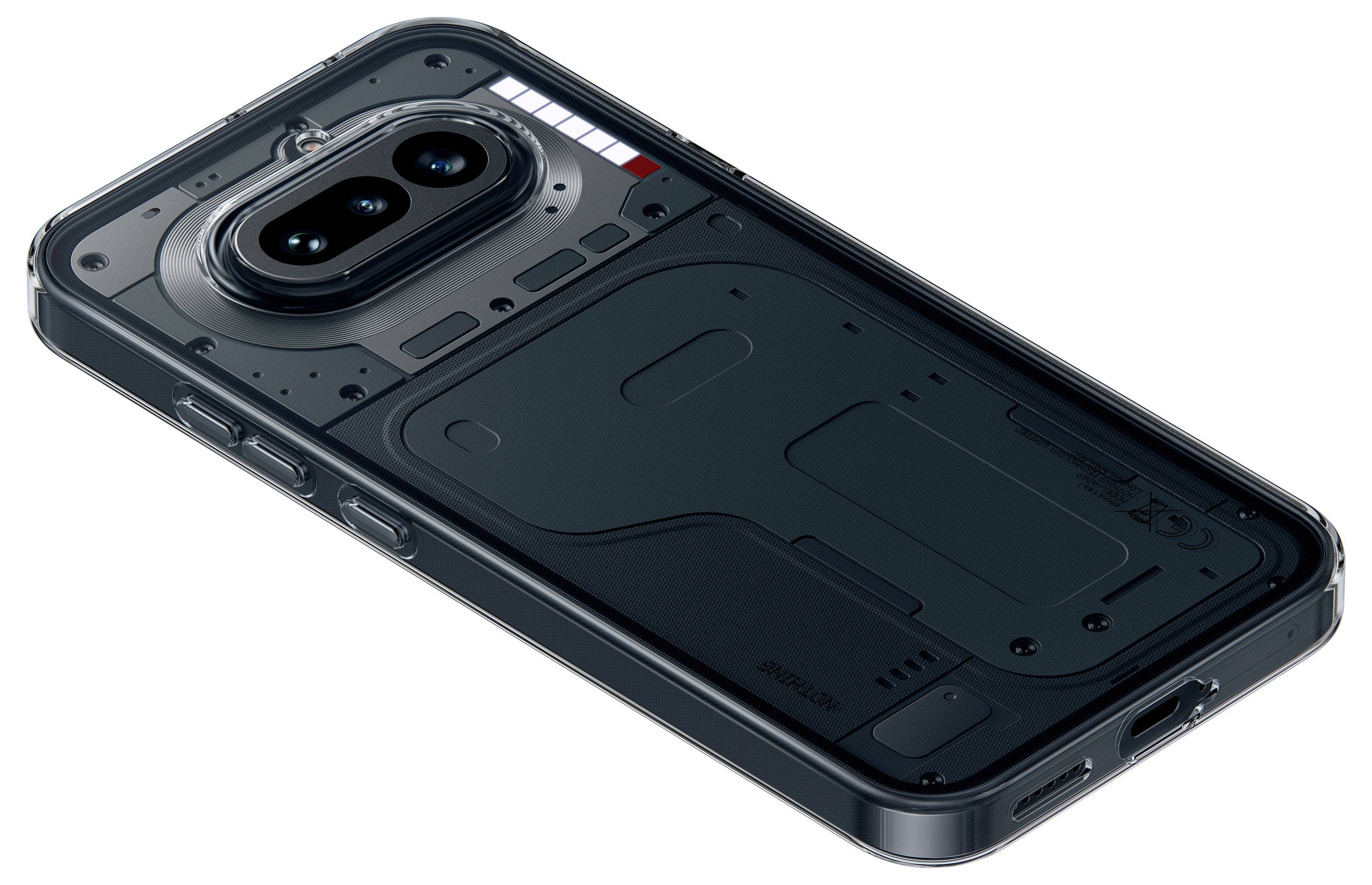 Prozirna zaštitna futrola za pametni telefon koja pokazuje stražnju stranu telefona s dvostrukim stražnjim kamerama i vidljivim internim komponentama.