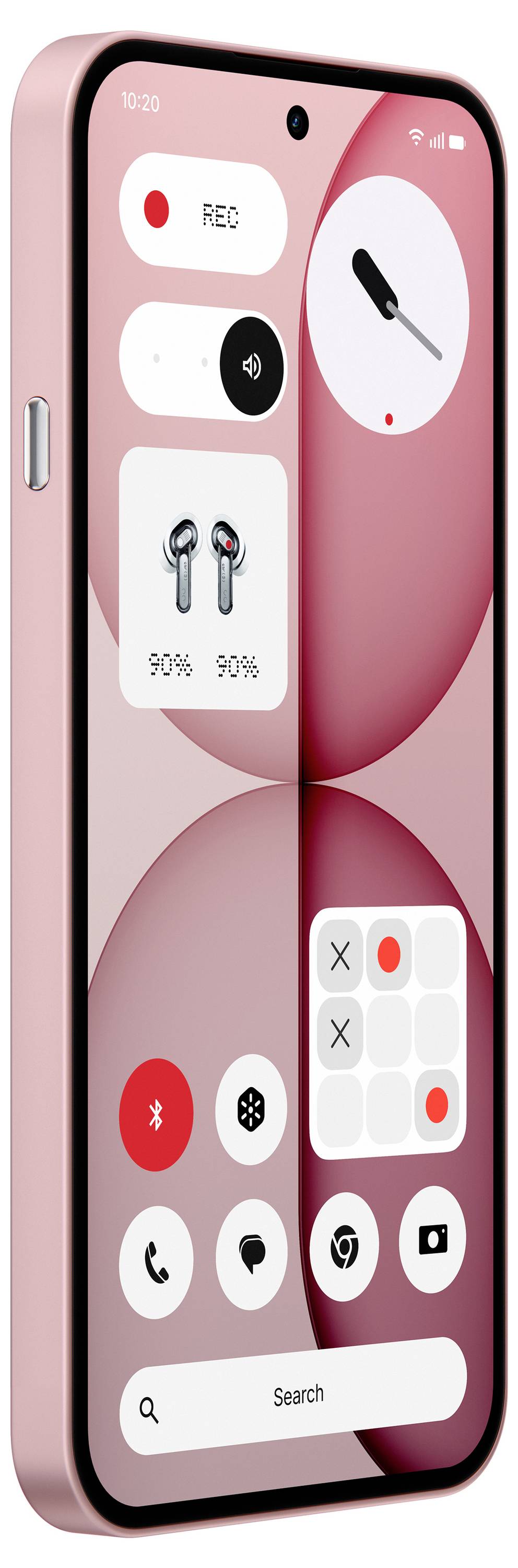 Ružičasti početni zaslon pametnog telefona s pretjerano velikim widgetima za snimanje, audio, status baterije slušalica, Bluetooth i ikone za brz pristup aplikacijama, plus tražilica.
