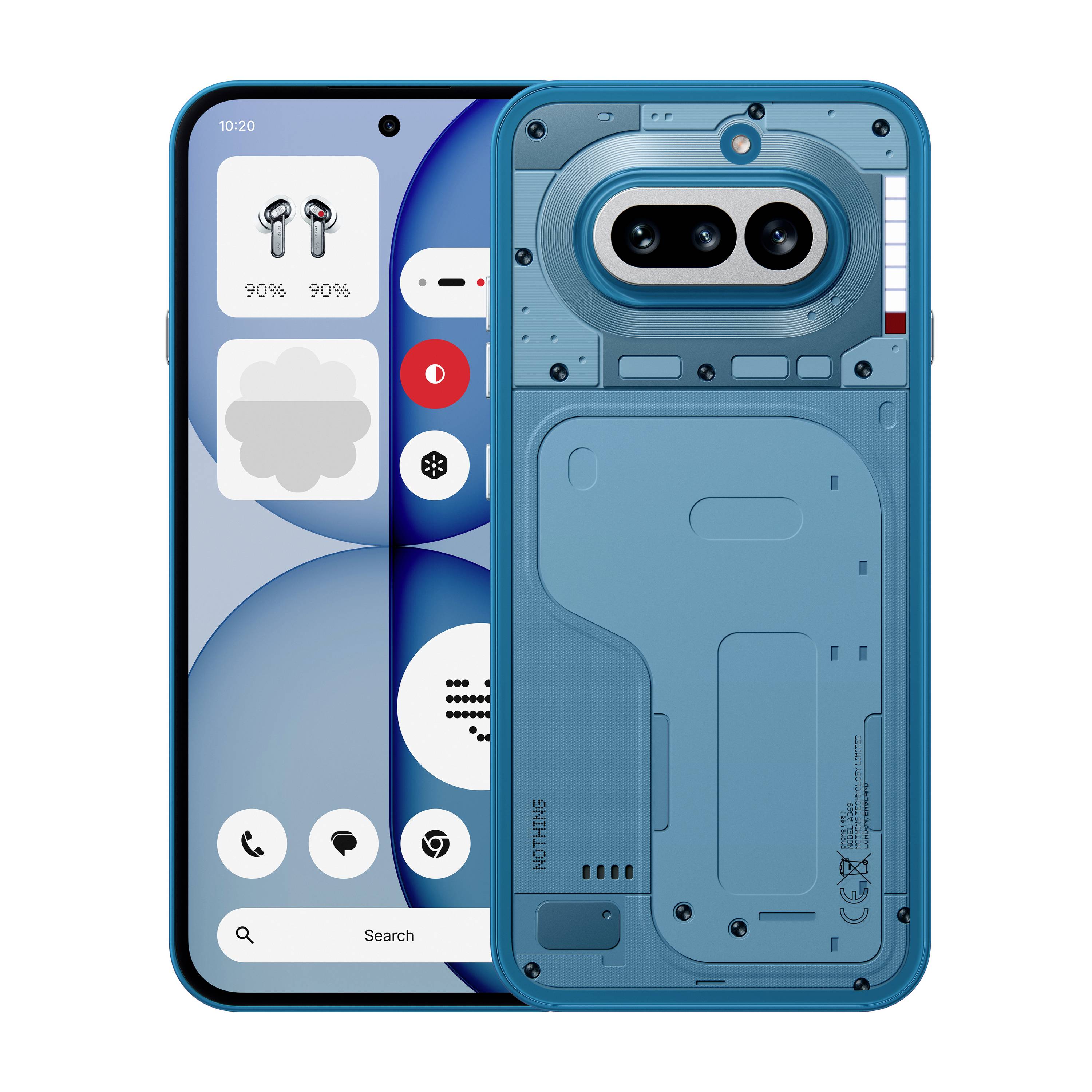 Plavi pametni telefon prikazan s prednje i stražnje strane, sa stiliziranom početnom zaslonom na prednjoj strani i vidljivim dualnim kamerama na poleđini.