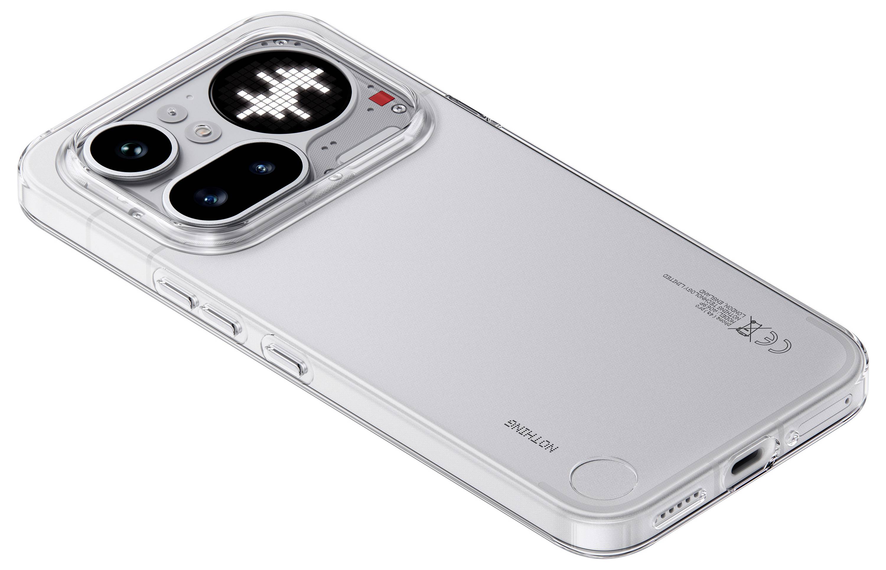 Prozirna iPhone futrola na srebrenoj telefonu, prikazujući tri stražnje kamere i kružni LED zaslon sličan MagSafe-u s pixelskom ikonom srca.