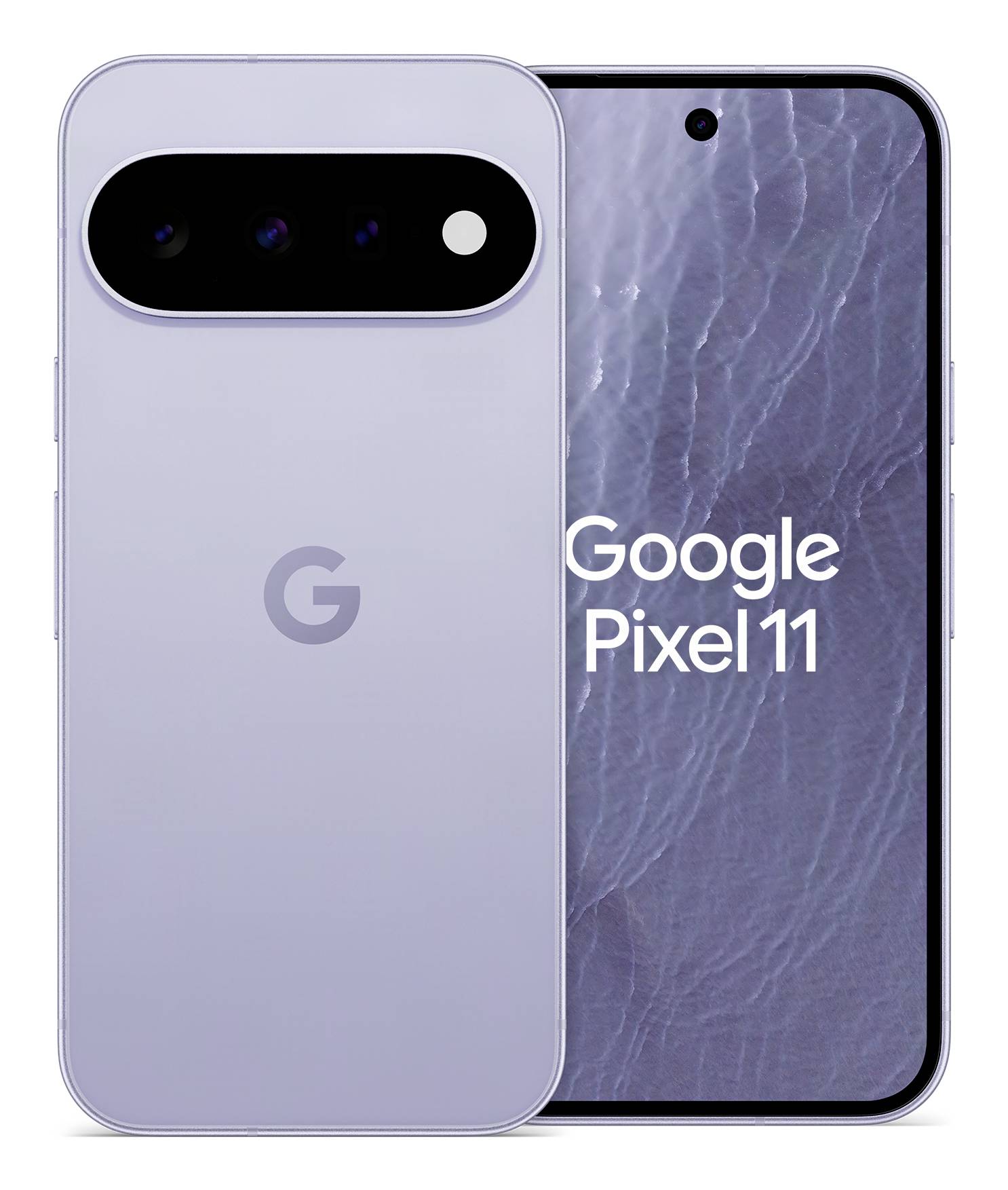 Promocijska slika Google Pixel 11 pametnog telefona, koja prikazuje prednju i stražnju stranu u svjetloljubičastoj boji.