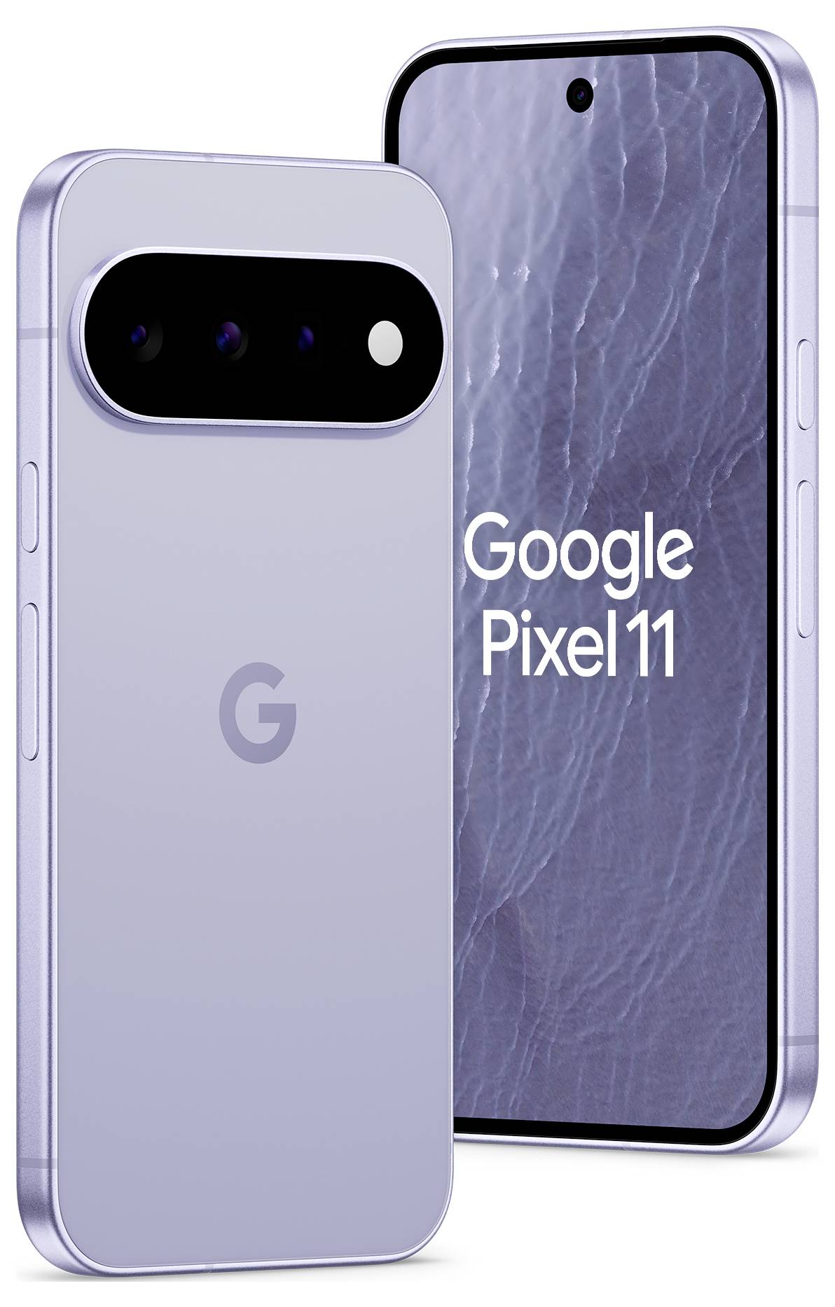 Dva smartphone-a Google Pixel 11 prikazana sprijeda i straga u svijetlo ljubičastoj boji, sa centriranom rupom za kameru na zaslonu i trostrukom stražnjom kamerom.