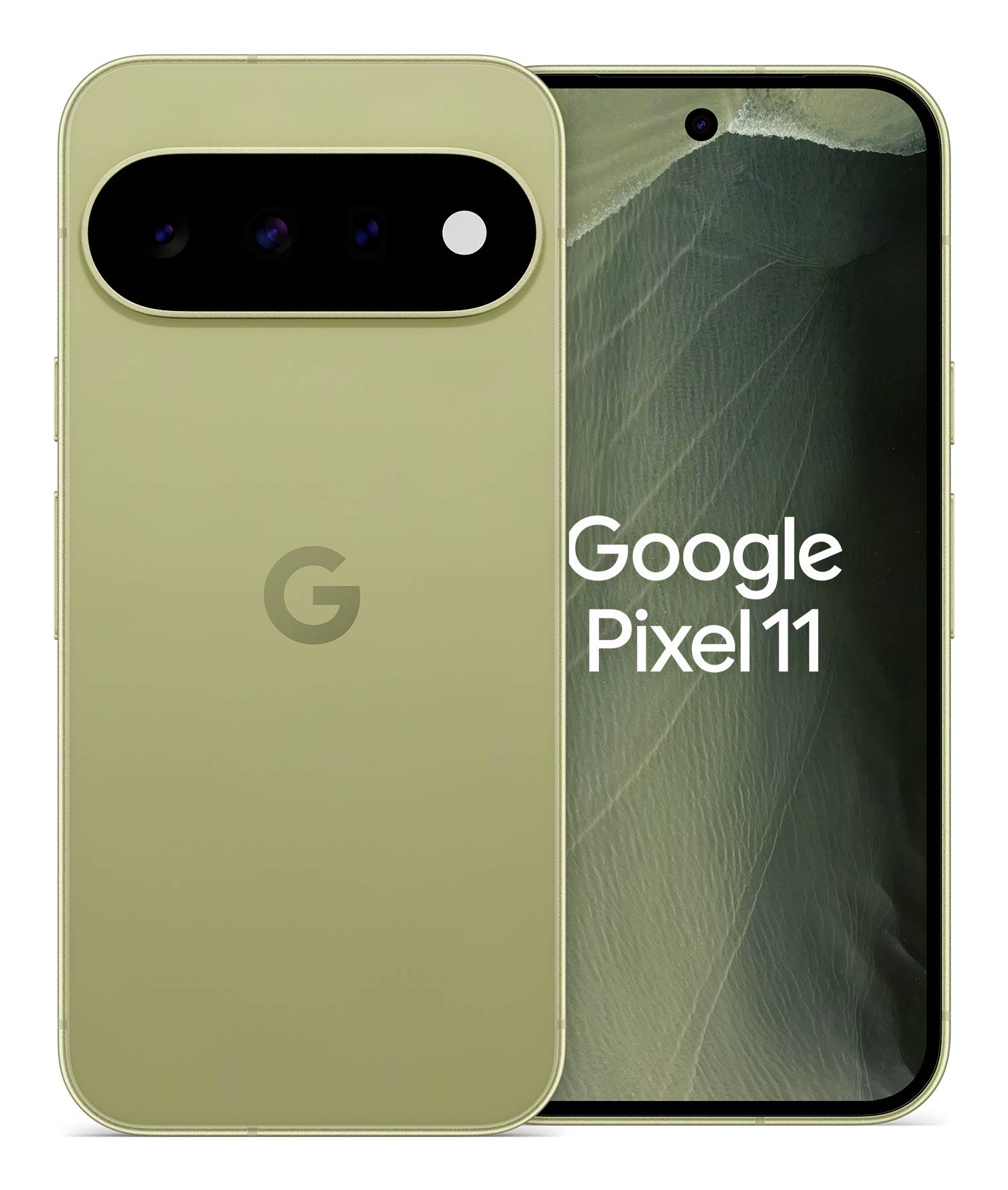 Prednji i stražnji prikaz zelenog Google Pixel 11 pametnog telefona, prikazujući traku s kamerom na stražnjoj strani i zaslon 'Google Pixel 11' na prednjoj strani.