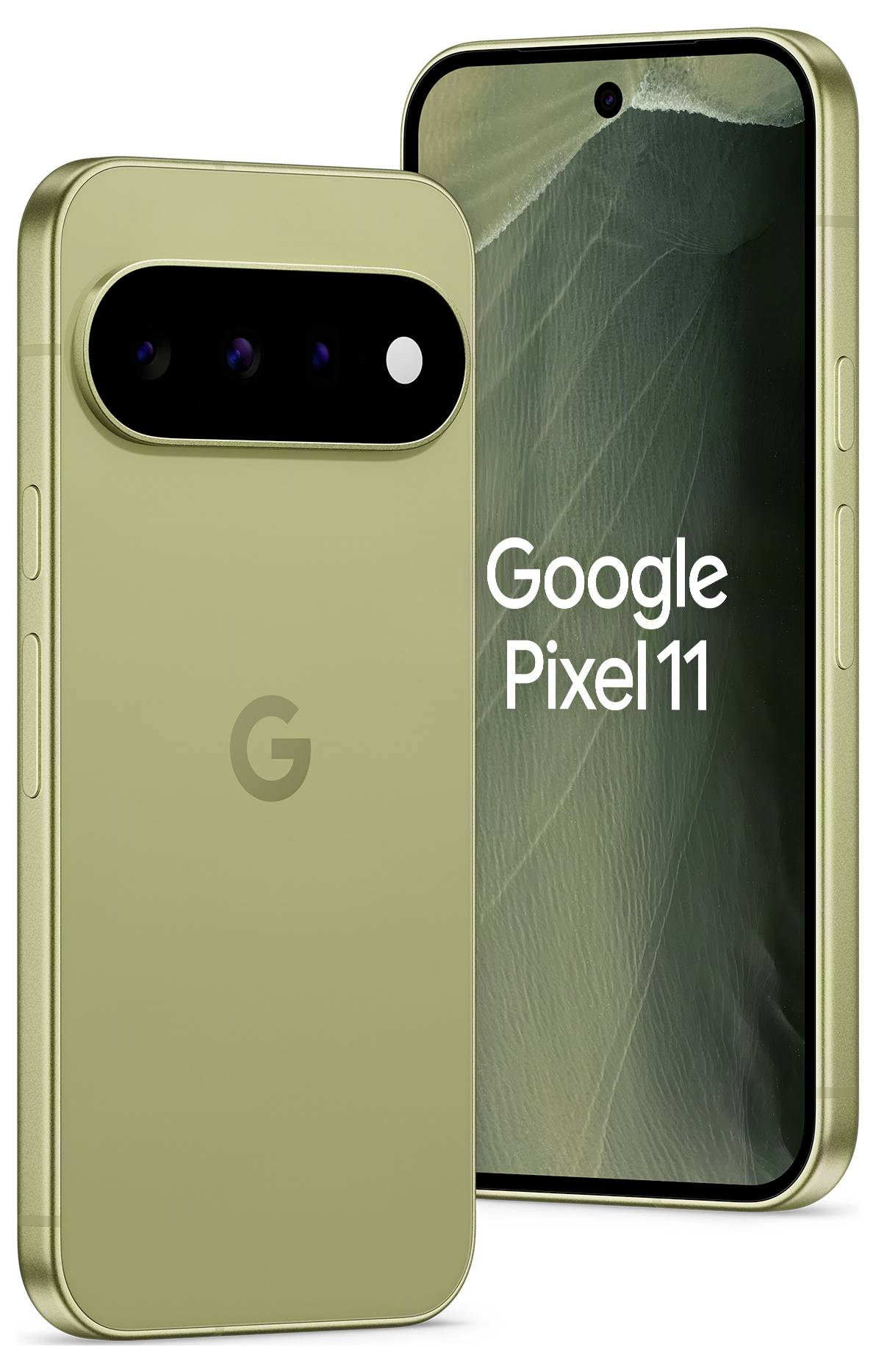 Dva zlatna Google Pixel 11 pametna telefona prikazana sprijeda i straga, s prednjim zaslonom na kojem piše "Google Pixel 11" i stražnjom stranom s horizontalnom trakom fotoaparata.