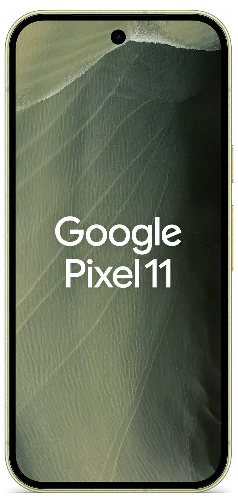 Prednji prikaz pametnog telefona Google Pixel 11 sa centriranom rupičastom kamerom i zelenom apstraktnom pozadinom, prikazujući tekst 'Google Pixel 11' na ekranu.