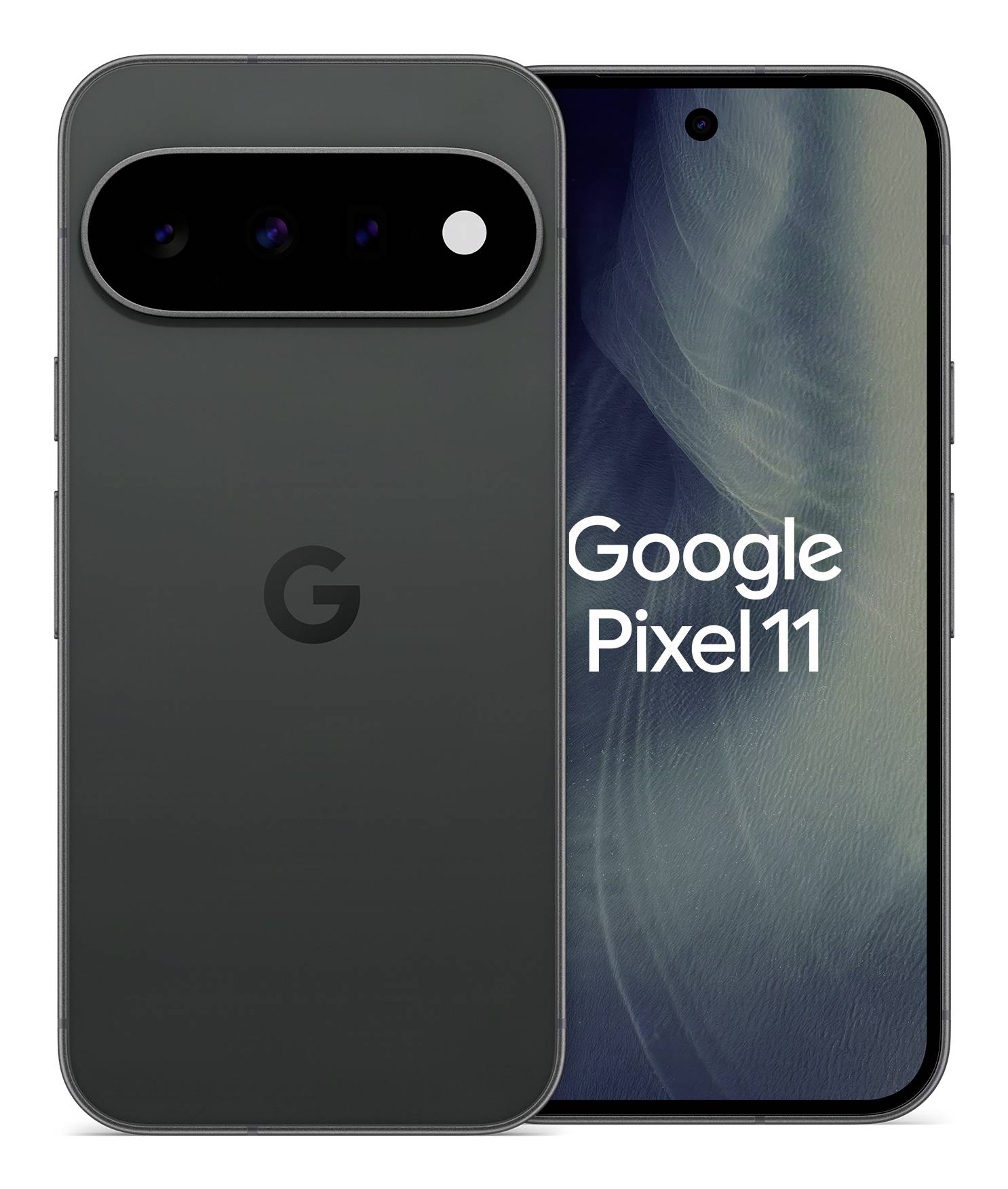 Google Pixel 11 pametni telefon prikazan sprijeda i straga, s tamnosivim dizajnom i stražnjom trakom kamere; zaslon prikazuje 'Google Pixel 11'.