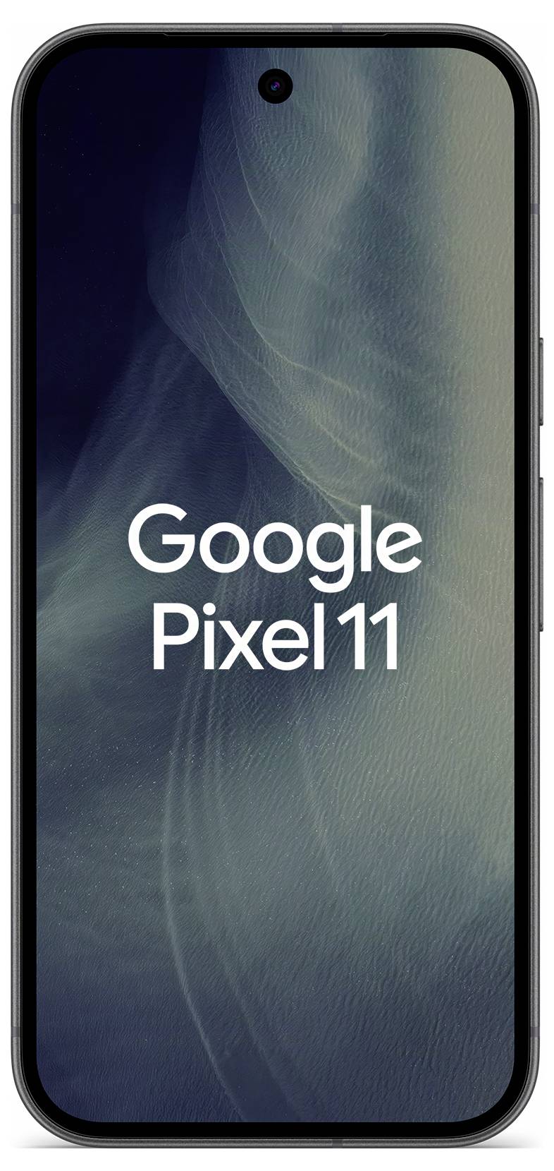 Google Pixel 11 pametni telefon prikazan s prednje strane s tamnom apstraktnom pozadinom i tekstom 'Google Pixel 11' centriranim na zaslonu.