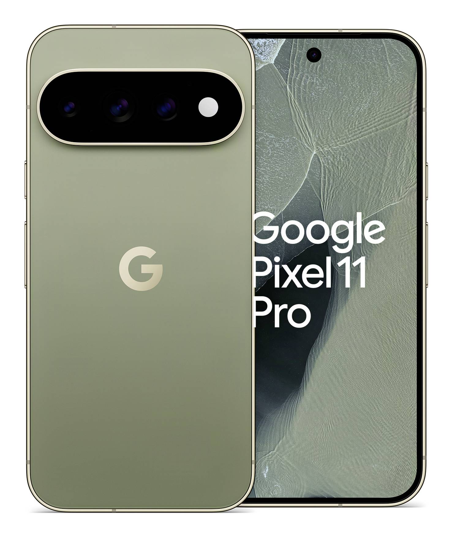 Google Pixel 11 Pro pametni telefon prikazan sprijeda i straga u boji brkinasto zelene, s trostrukim stražnjim kamera trakama i tekstom 'Google Pixel 11 Pro' na zaslonu.