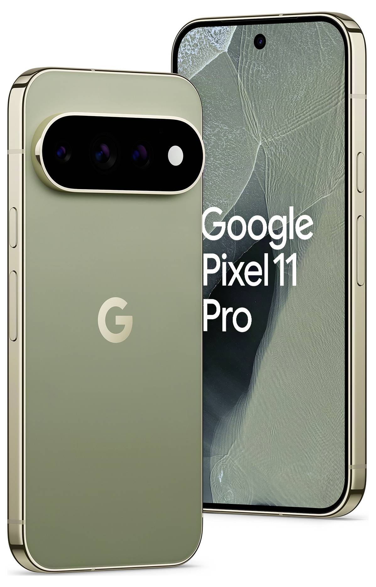 Google Pixel 11 Pro pametni telefon prikazan sprijeda i straga u maslinasto zelenoj boji, sa 'Google Pixel 11 Pro' prikazanim na zaslonu.