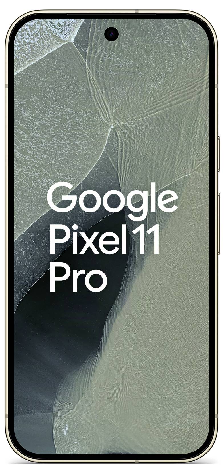 Pametni telefon Google Pixel 11 Pro prikazan ispred s kamerom s rupom u sredini i tekstom 'Google Pixel 11 Pro' na zaslonu.