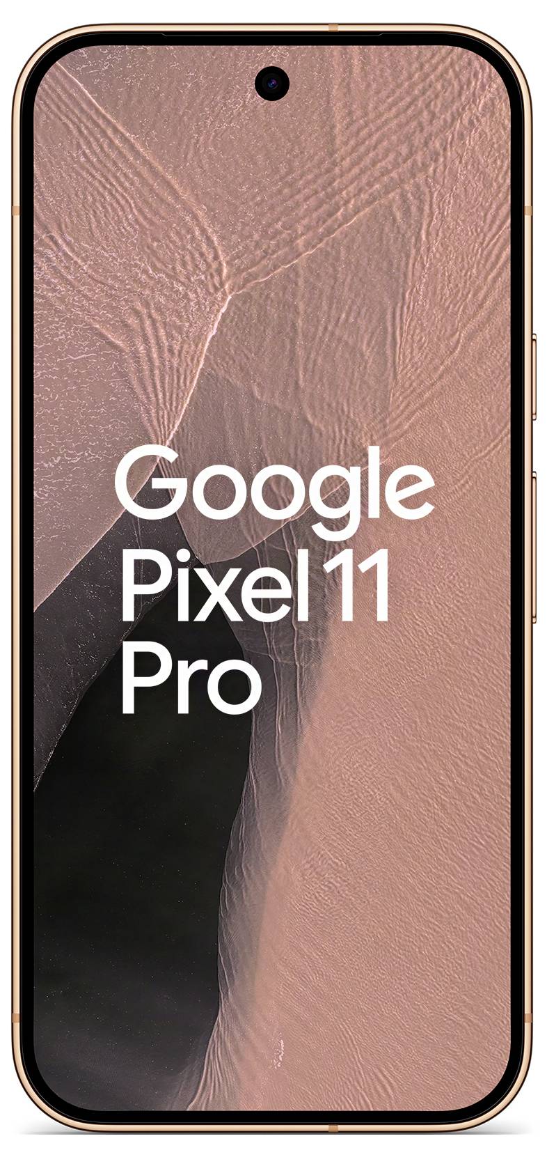 Google Pixel 11 Pro pametni telefon prikazan s prednje strane s ružičasto-zlatnom obradom i apstraktnom pozadinom na zaslonu.