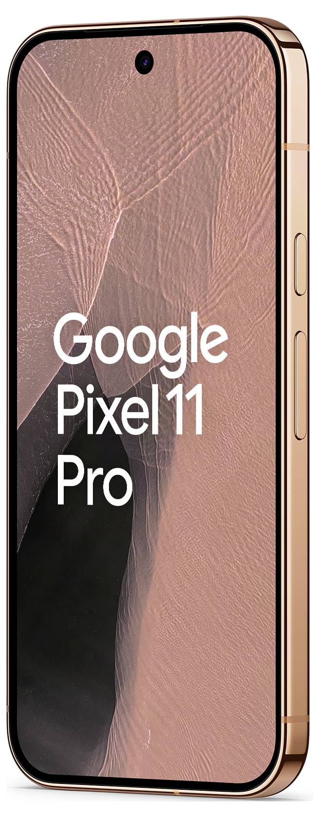 Google Pixel 11 Pro pametni telefon prikazan u frontalnom prikazu s ružičasto-zlatnim okvirom i ružičastom apstraktnom pozadinom, prikazujući tekst 'Google Pixel 11 Pro' na zaslonu.