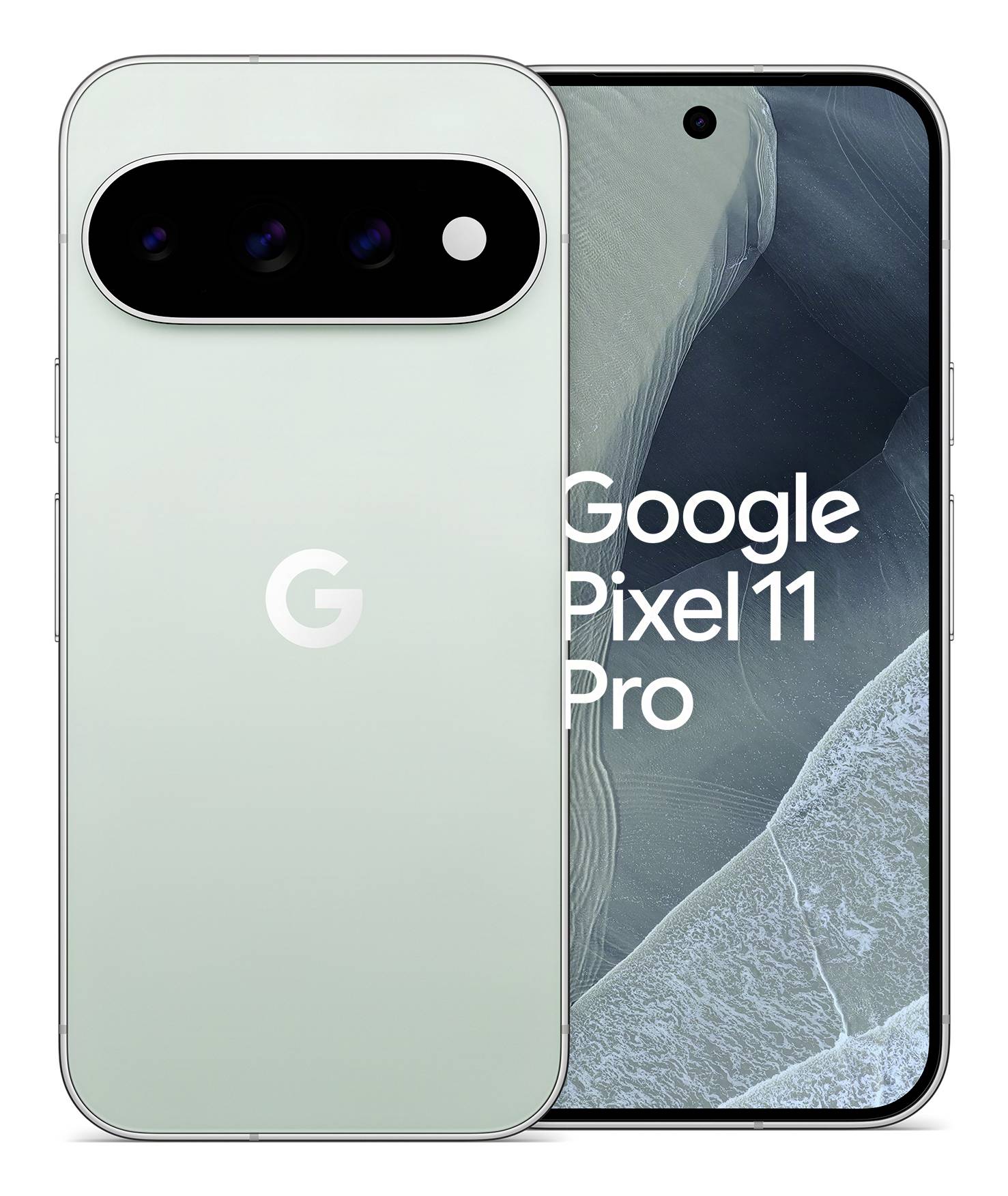 Google Pixel 11 Pro pametni telefon prikazan sprijeda i straga, s natpisom 'Google Pixel 11 Pro' na zaslonu i šipkom stražnje kamere u boji mete-zelene.