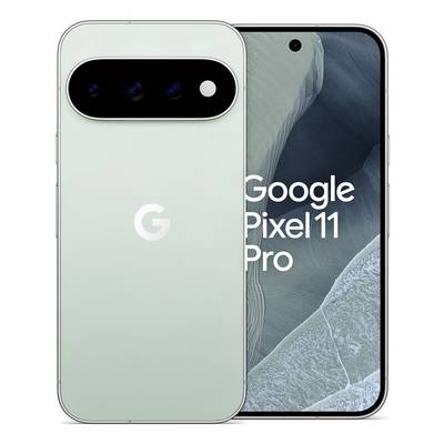 Google Pixel 11 Pro pametni telefon prikazan sprijeda i straga, s natpisom 'Google Pixel 11 Pro' na zaslonu i šipkom stražnje kamere u boji mete-zelene.