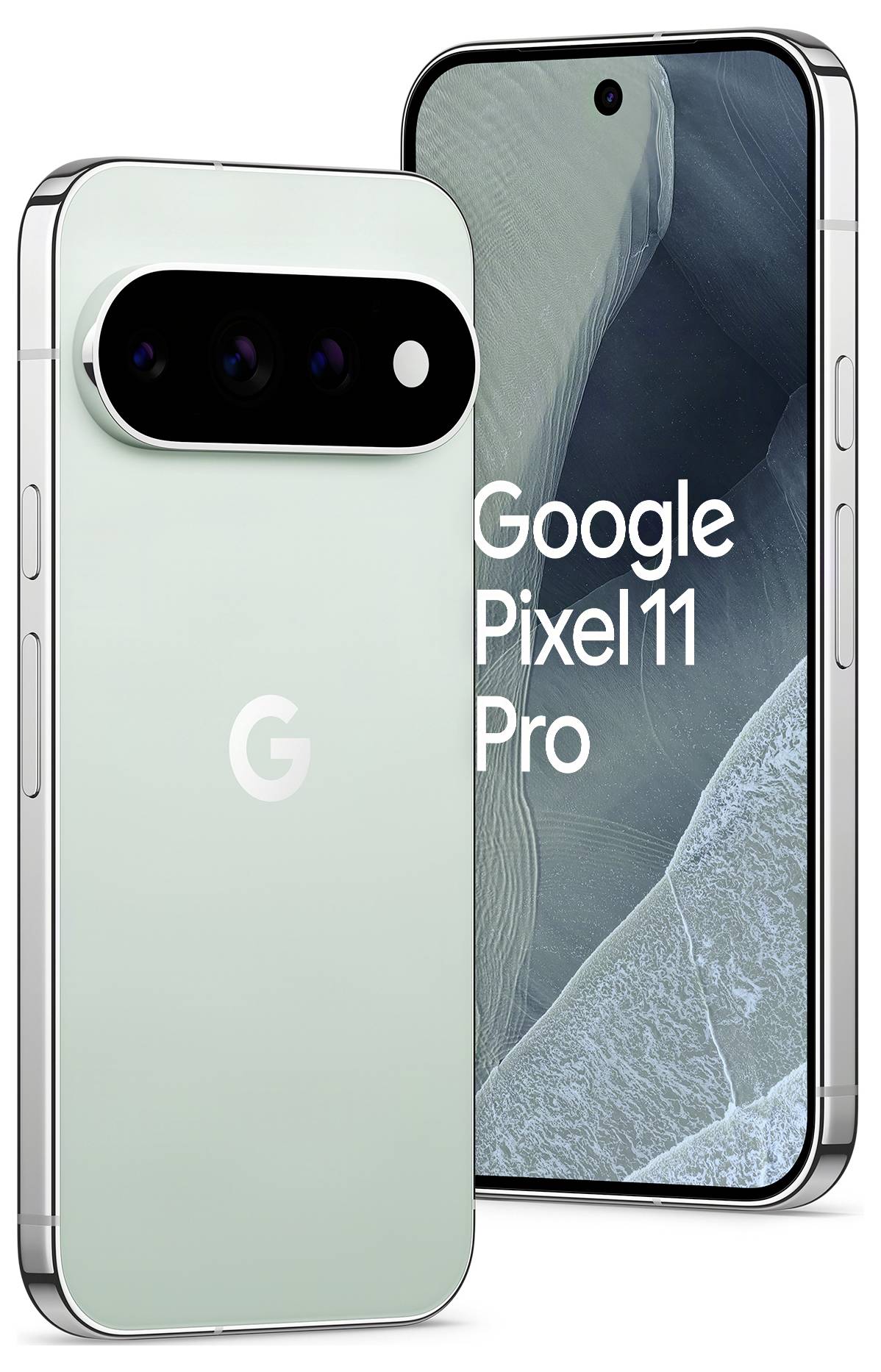 Dva Google Pixel 11 Pro pametna telefona prikazana s prednje i stražnje strane u blijedo zelenoj boji, s 'Google Pixel 11 Pro' prikazanim na zaslonu.