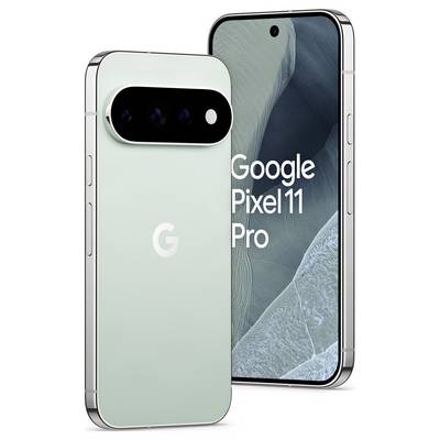 Dva Google Pixel 11 Pro pametna telefona prikazana s prednje i stražnje strane u blijedo zelenoj boji, s 'Google Pixel 11 Pro' prikazanim na zaslonu.