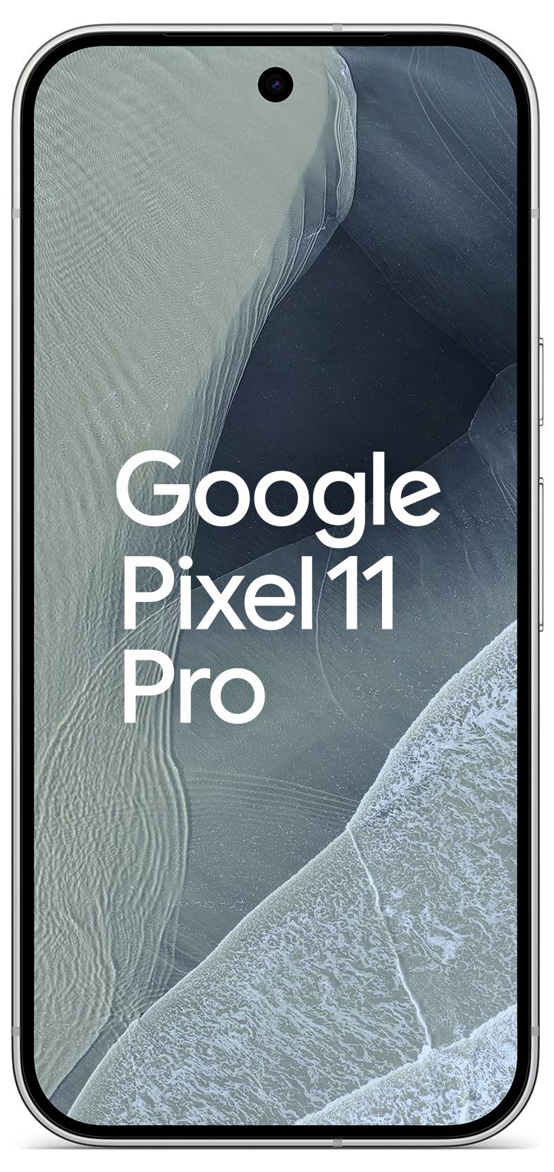 Google Pixel 11 Pro pametni telefon prikazan s prednje strane s centriciranim ekranom s rupom i tekstom 'Google Pixel 11 Pro' na zaslonu.