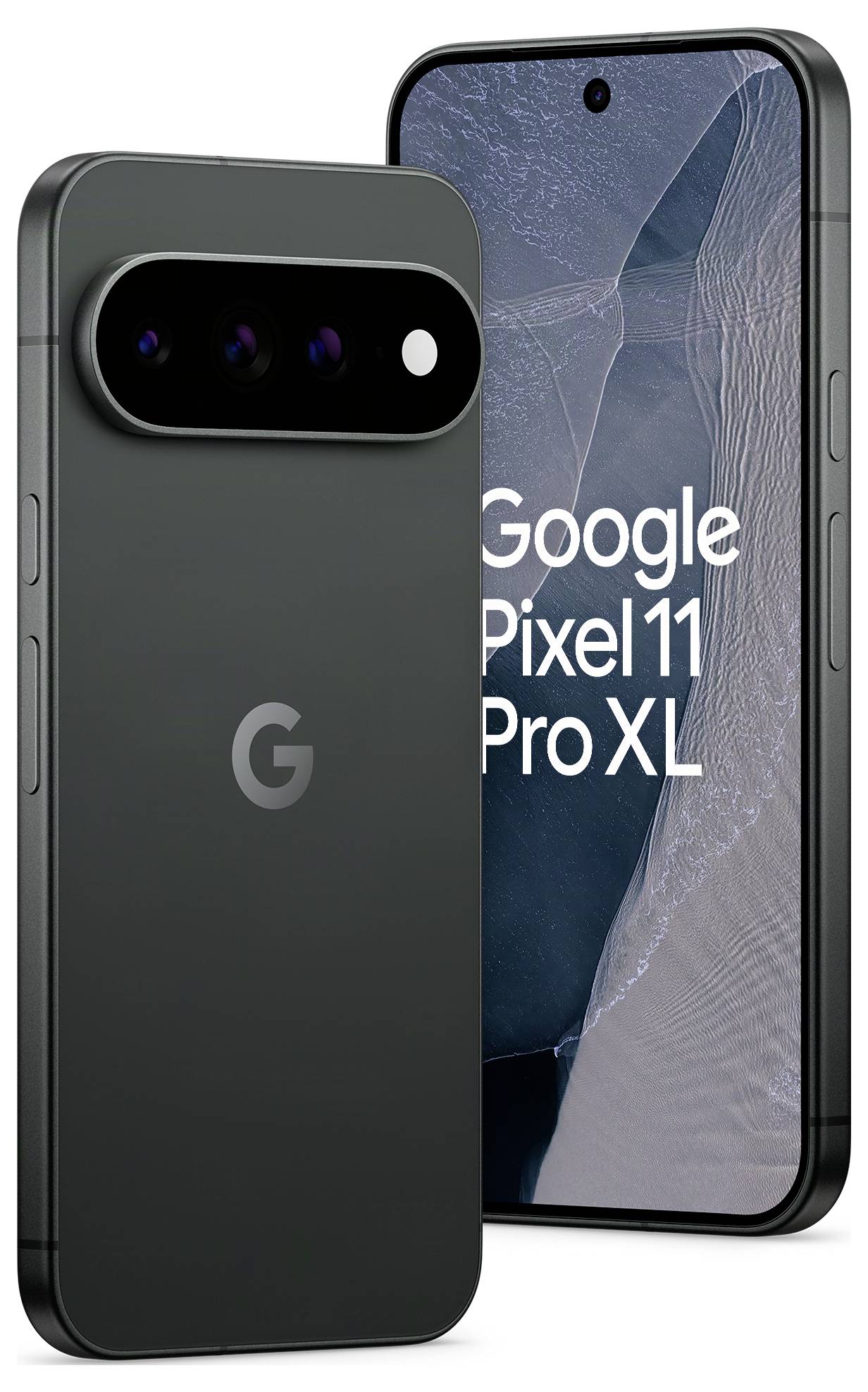 Pametni telefon Google Pixel 11 Pro XL prikazan sprijeda i straga, s trostrukom kamerom na leđima i prednjim zaslonom s nazivom modela.