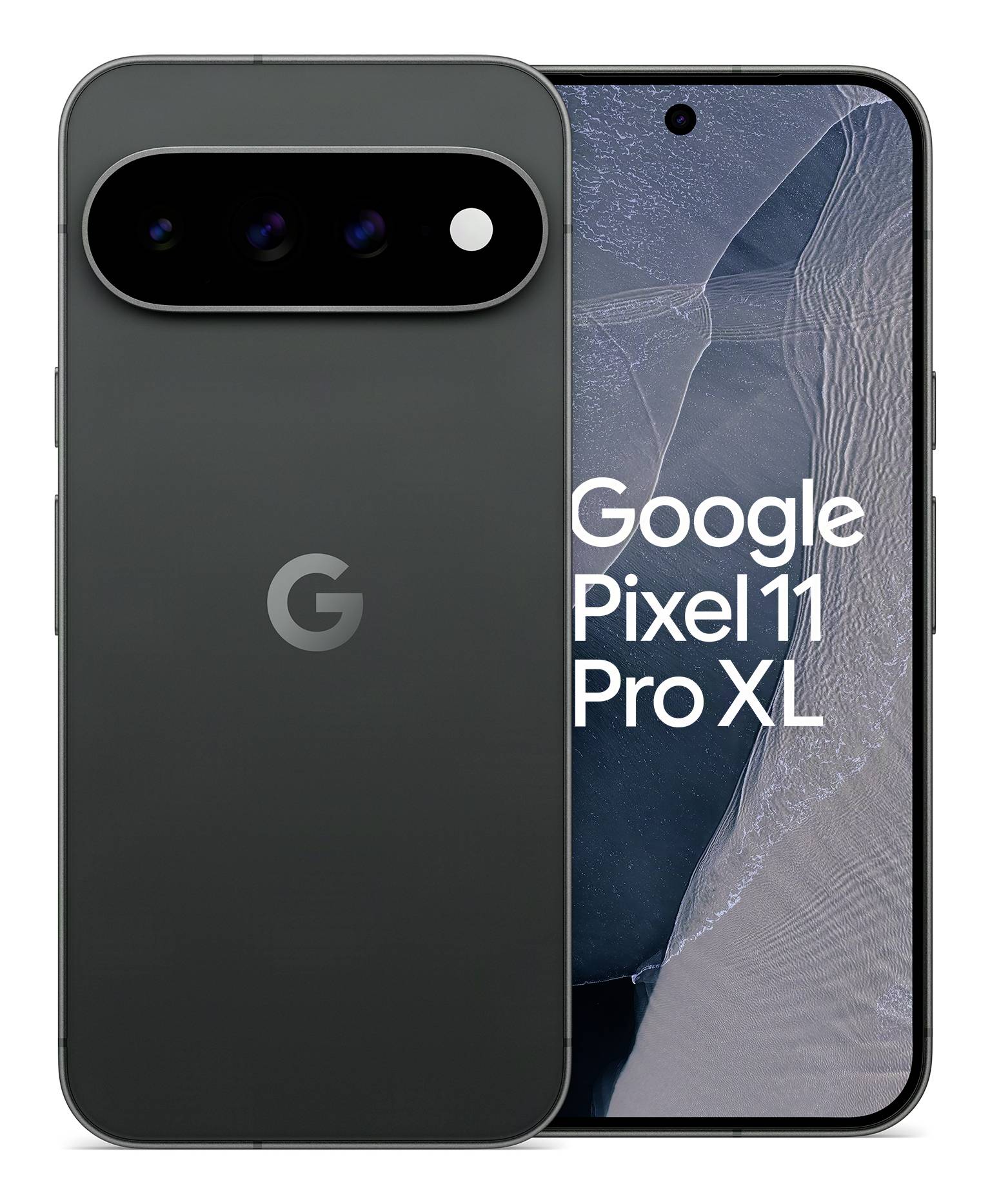Google Pixel 11 Pro XL pametni telefon prikazan sprijeda i sa leđne strane, s tekstom "Google Pixel 11 Pro XL" na zaslonu.