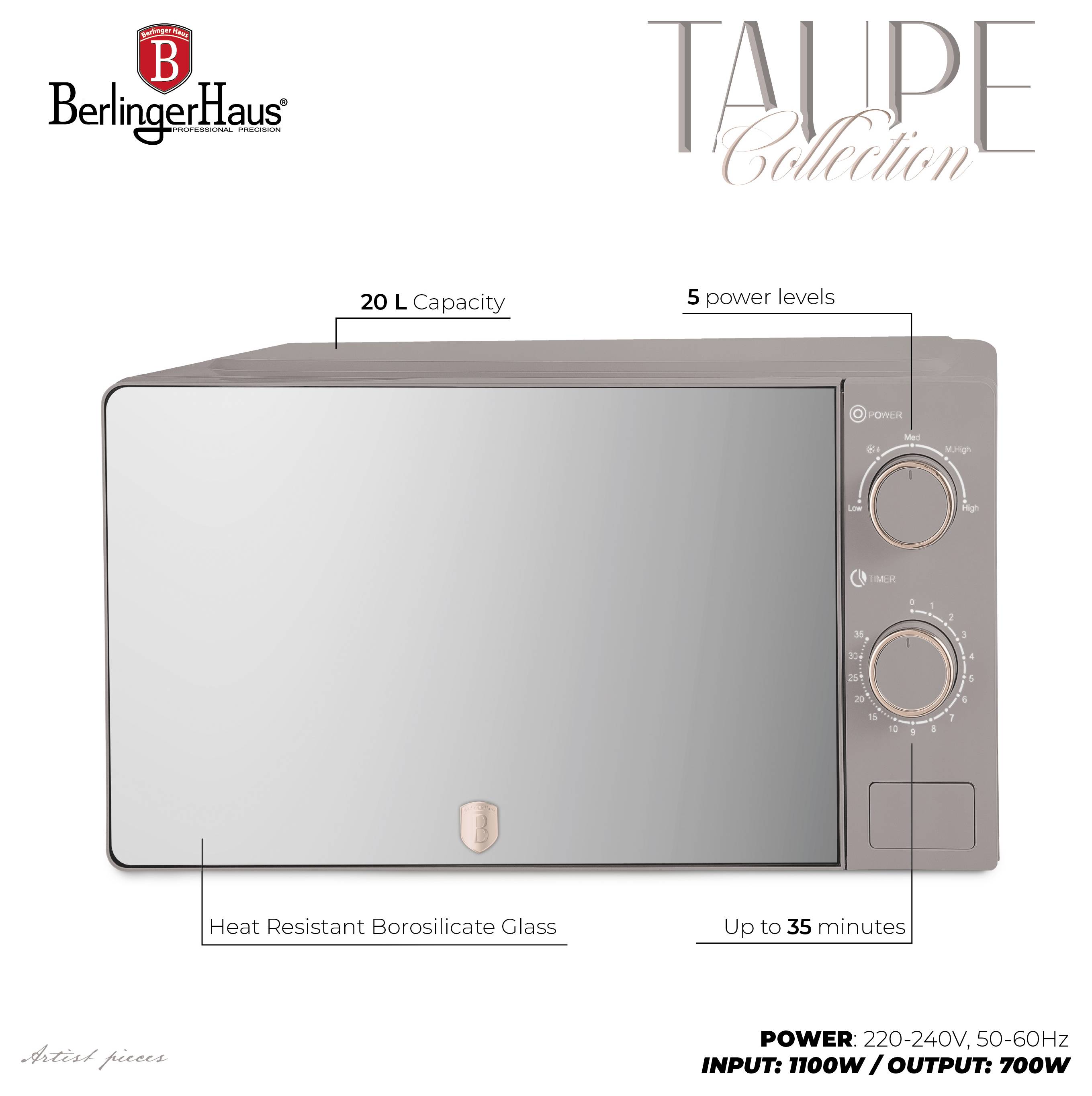 BerlingerHaus 'TULIP Collection' mikrovalovna pećnica, kapaciteta 20L, 5 razina snage, termootporno borosilikatno staklo, tajmer do 35 minuta.