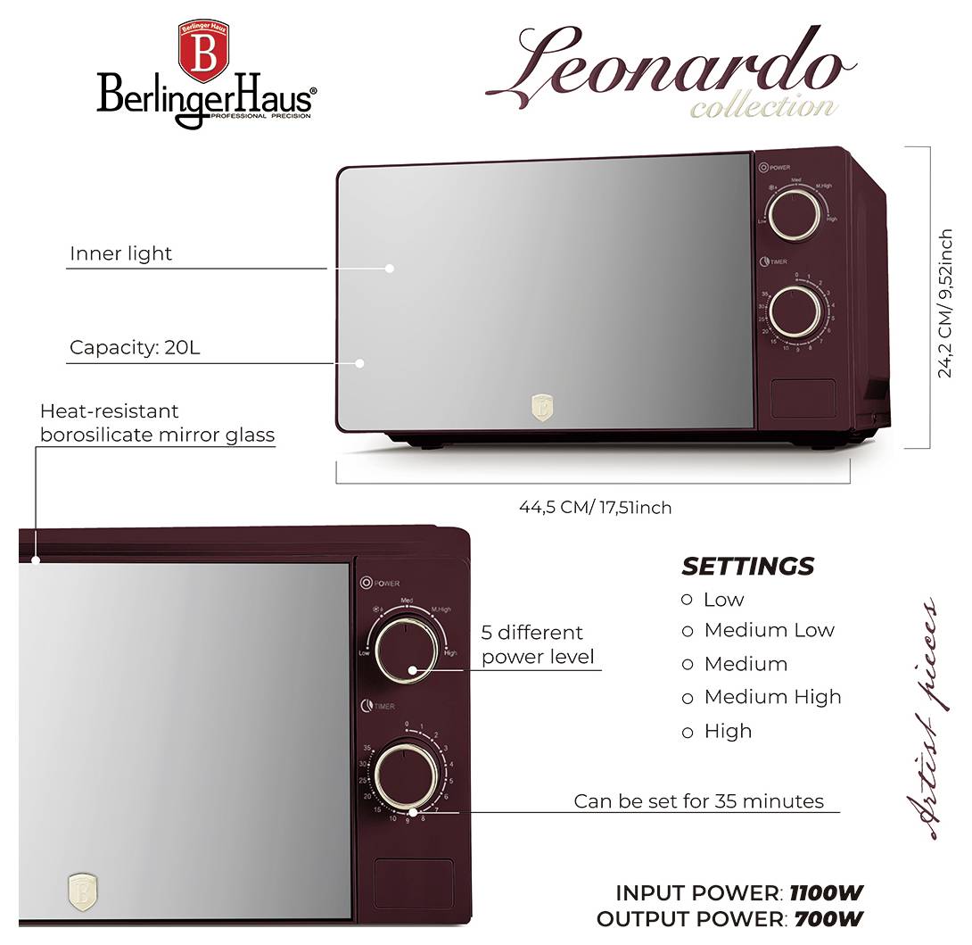 Infografika proizvoda BerlingerHaus Leonardo Collection mikrovalne pećnice, prikazuje kapacitet od 20L, unutarnje osvjetljenje, toplinski otpornu borosilikatnu zrcalnu staklenu, 5 razina snage, timer od 35 minuta, te 1100W ulaza/700W izlaza.