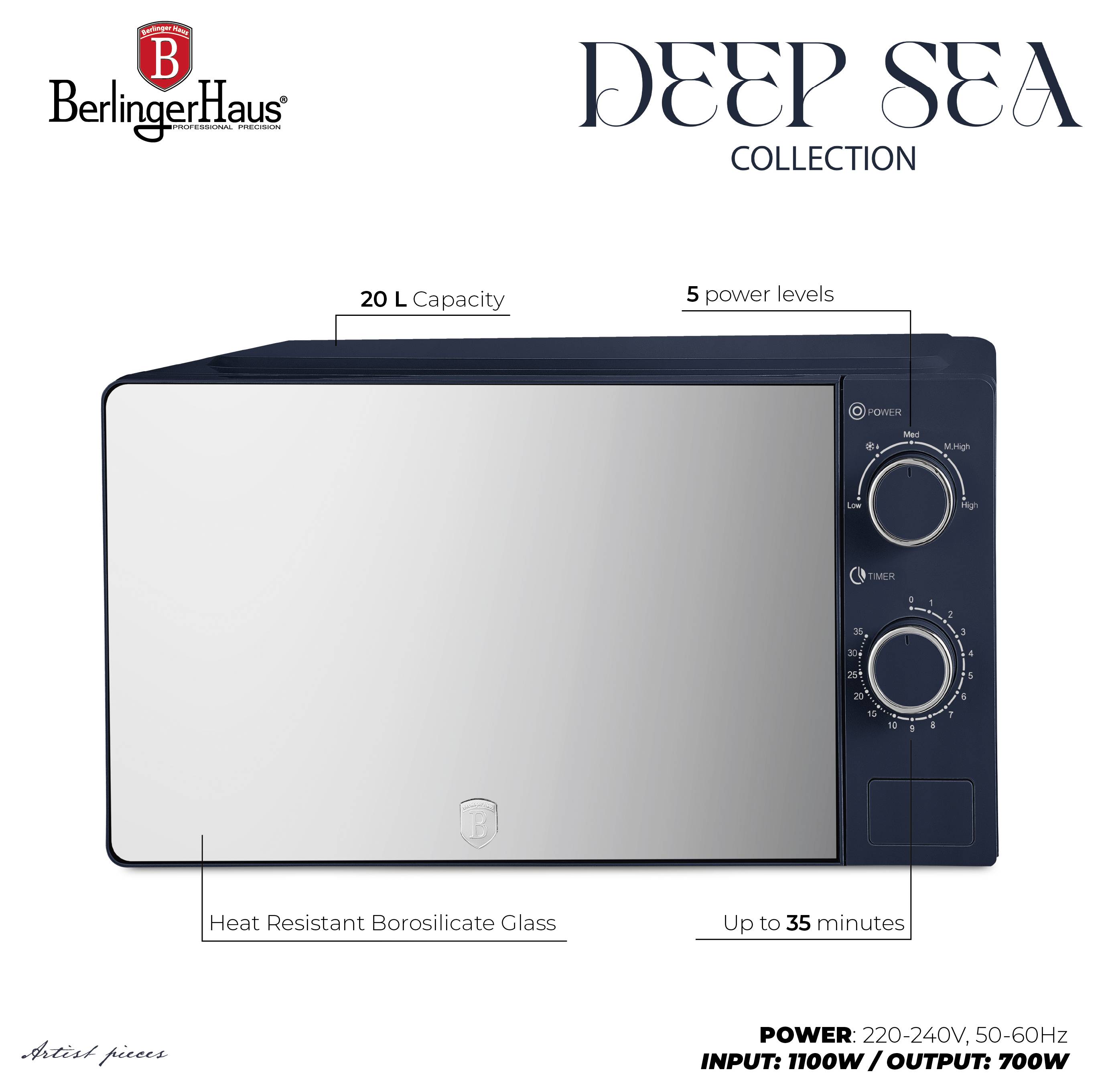 BerlingerHaus Deep Sea Collection mikrovalovna pećnica s kapacitetom od 20L, 5 razina snage, toplinski otporna borosilikatna stakla i brojač do 35 minuta.