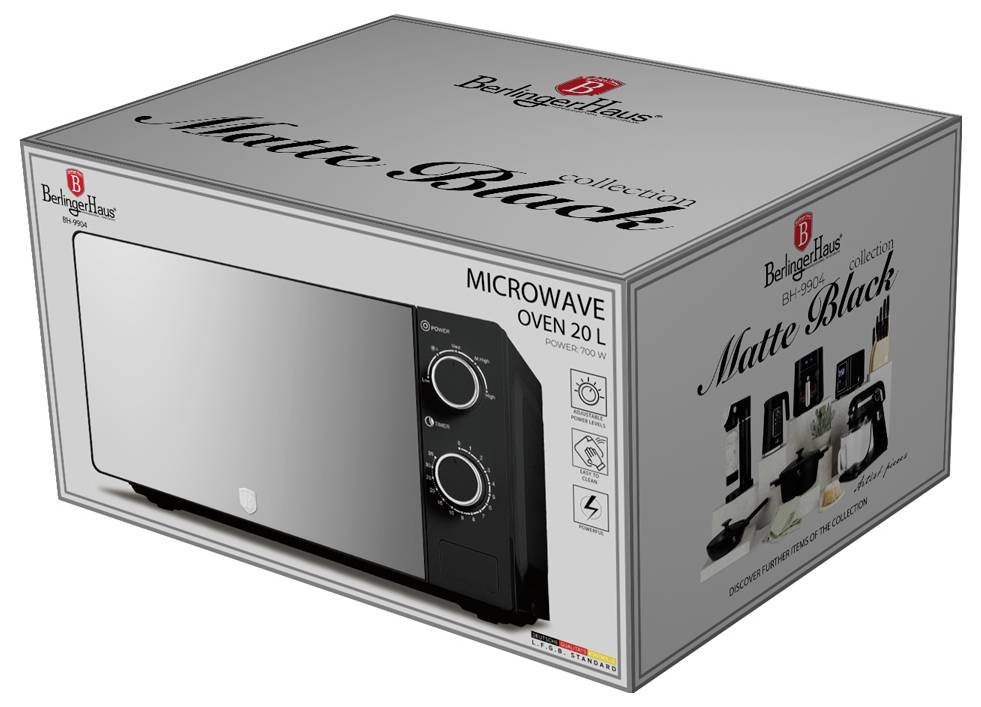 Kutija za pakiranje za Berlingerhaus mat crni 20L microwave pećnica, prikazana u sivoj boji s proizvodnom slikom i brendiranjem.