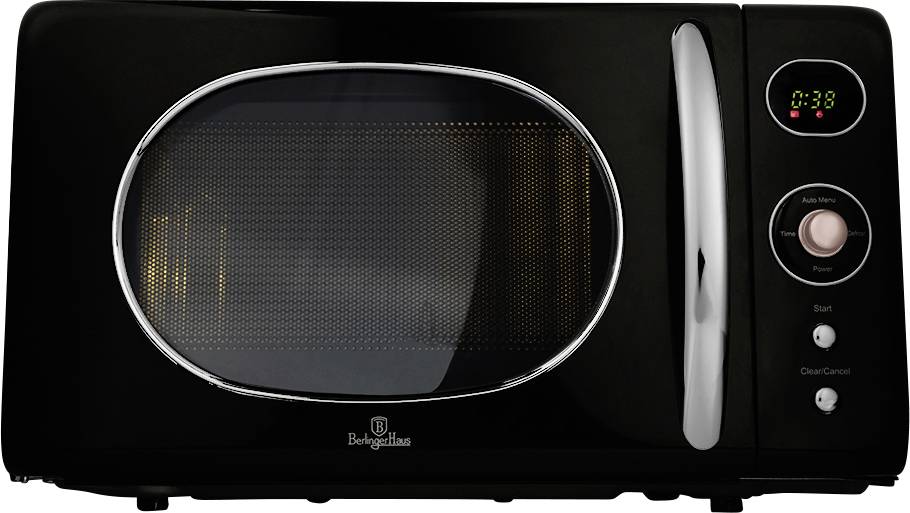 Mikrovalna pećnica s crnom radnom pločom, digitalni sat, kontrolni gumbovi i ovalni prozirni dio na vratima