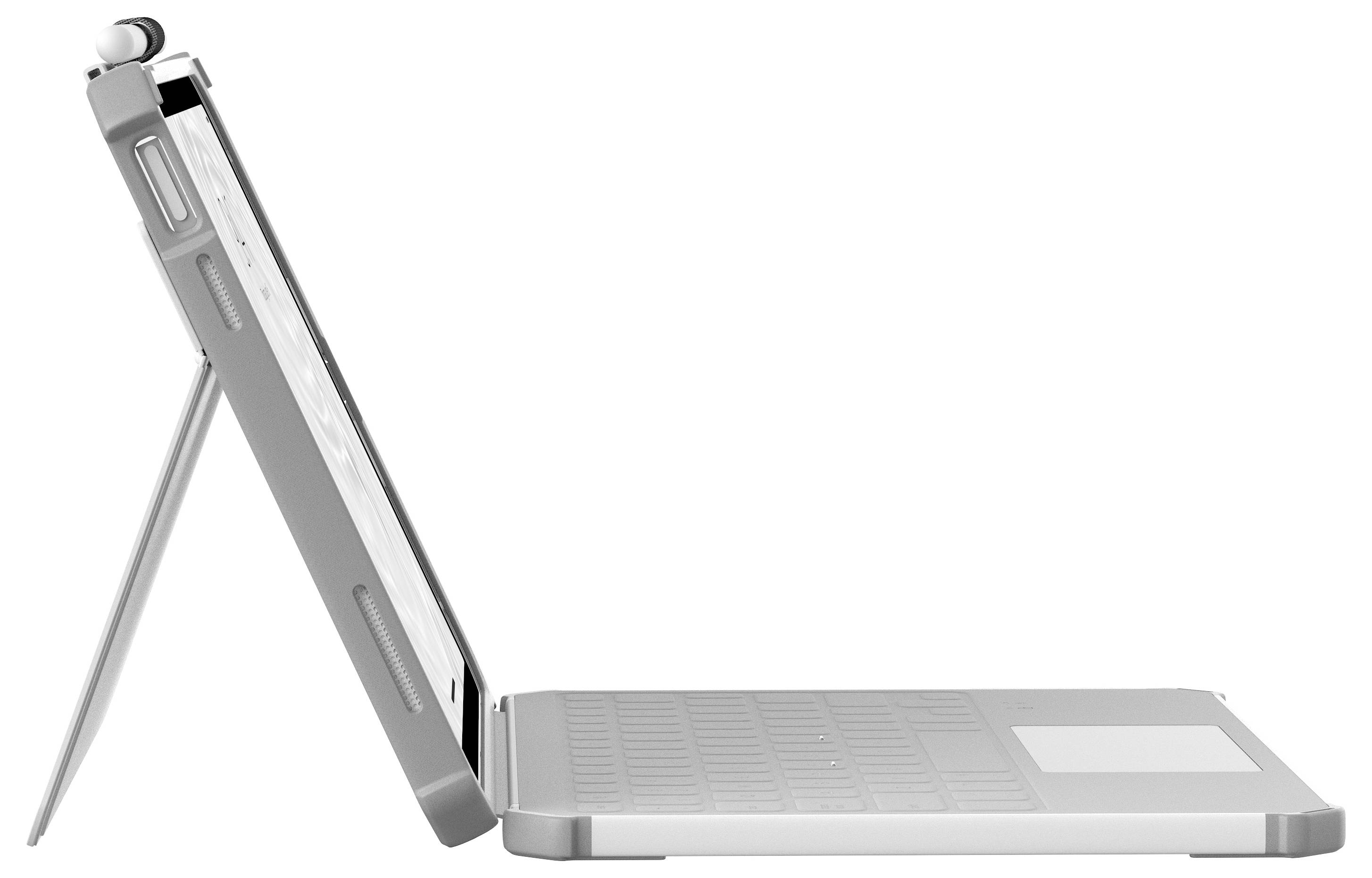 Tanak srebrni laptop prikazan u profilu, djelomično otvoren na bijeloj pozadini.