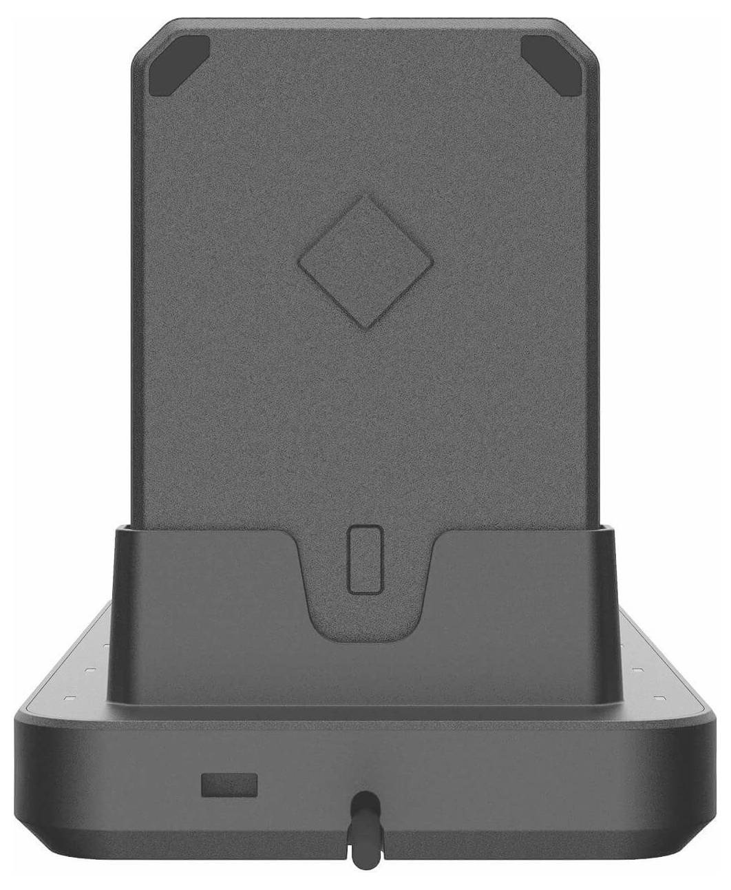 Siva podna stanica za punjenje koja drži uređaj uspravno, s prednjim indikatorom statusa i konektorom na bazi.