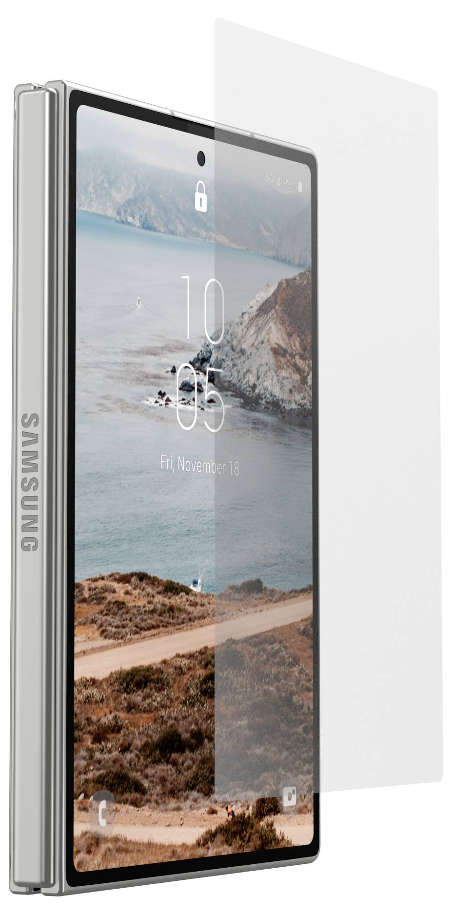 Samsung sklopivi pametni telefon prikazan djelomično otvoren s pozadinom plaže i vremenom na zaslonu zaključavanja 10:05, uz tanku prozirnu zaštitnu ploču ekrana.