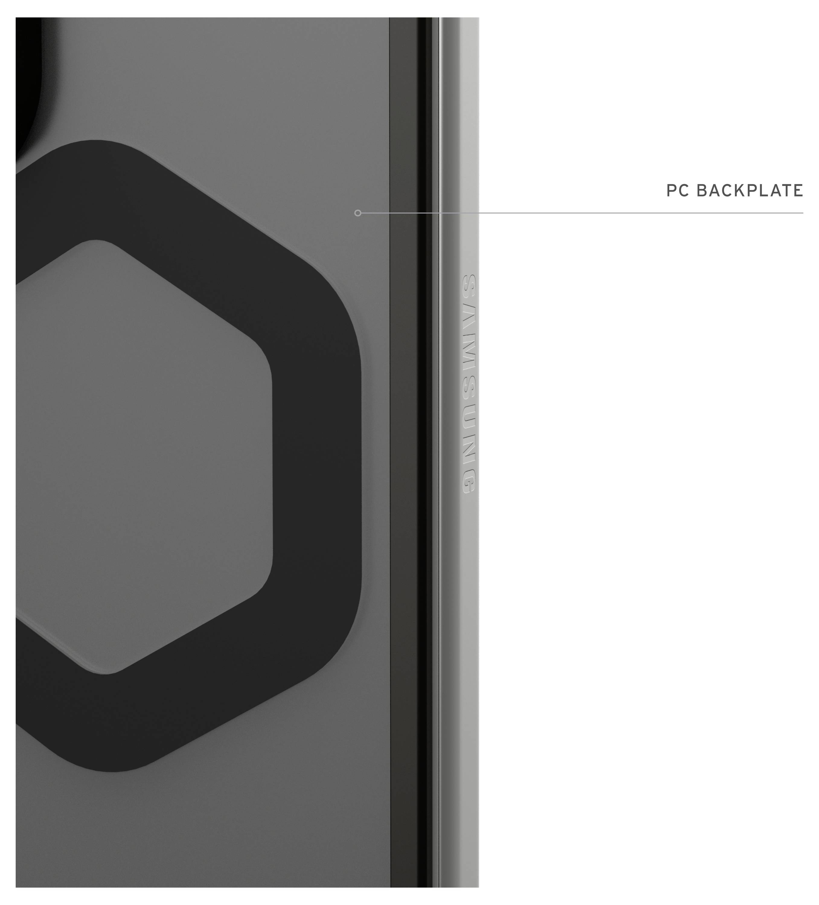 Detalj Samsung PC stražnje ploče s tamnim geometrijskim logotipom i vertikalnom 'SAMSUNG' markom na sivoj ploči.